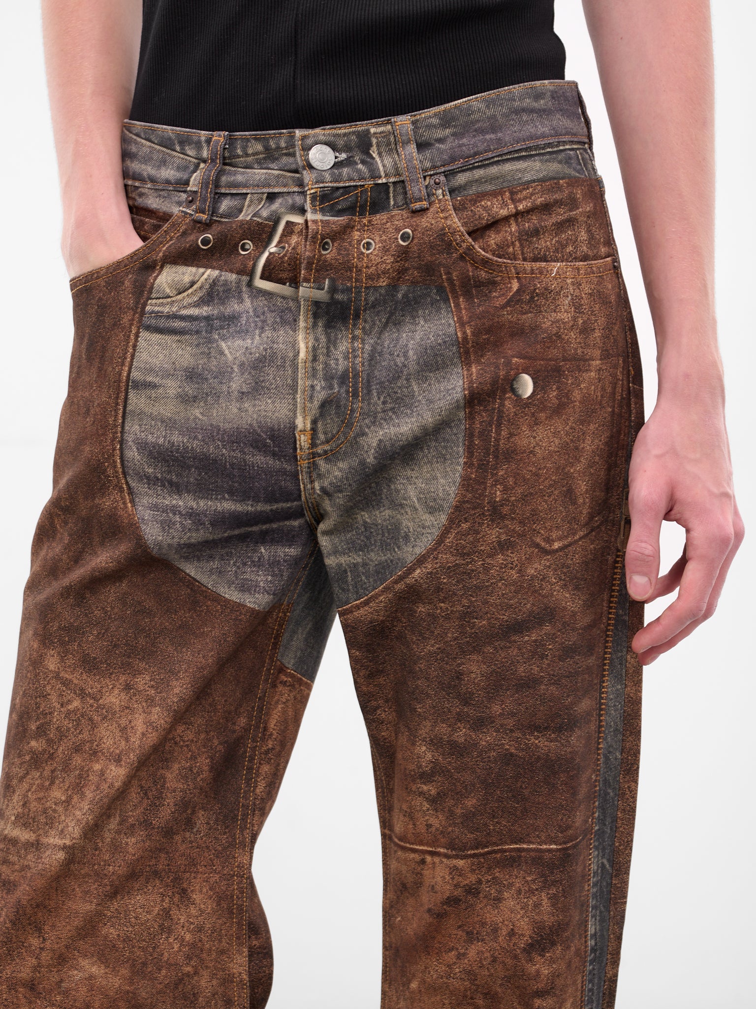 Trompe L'oeil Chaps Print Trousers (FN-MN-TROU001128-BLUE-BROWN)