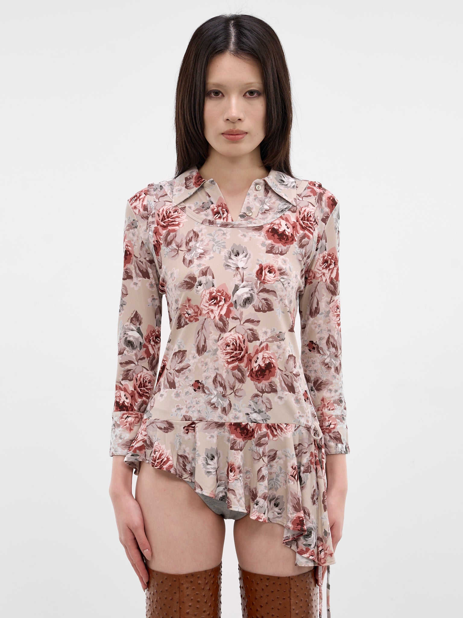 Rose Print Layered Asymmetric Blouse (FN-WN-BLOU001284-BEIGE)