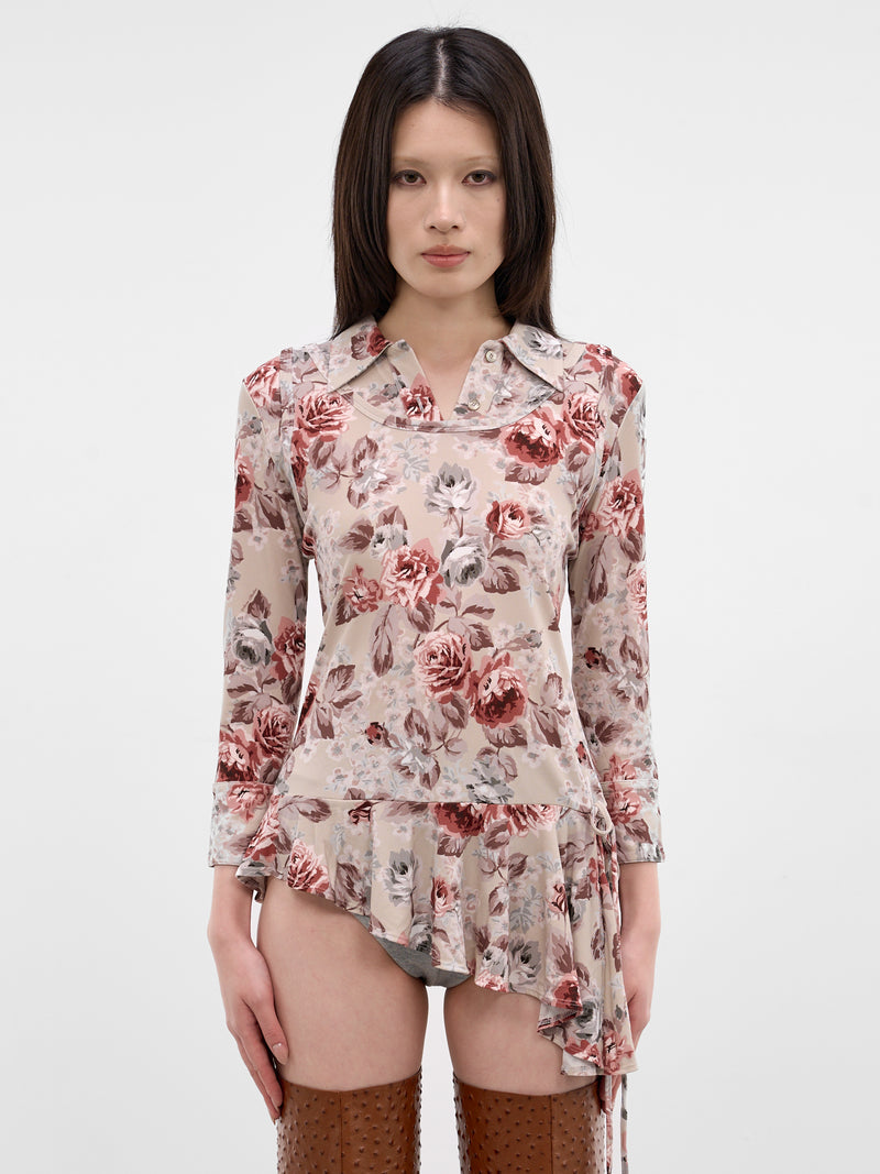 Rose Print Layered Asymmetric Blouse (FN-WN-BLOU001284-BEIGE)