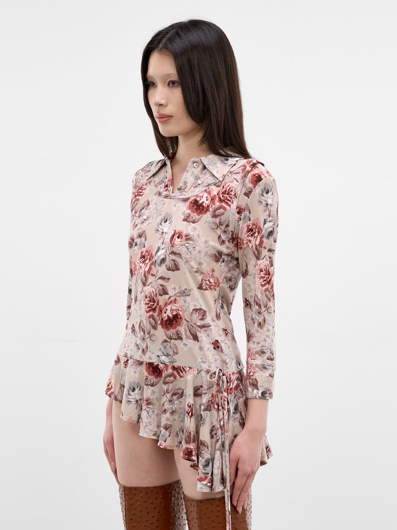 Rose Print Layered Asymmetric Blouse (FN-WN-BLOU001284-BEIGE)