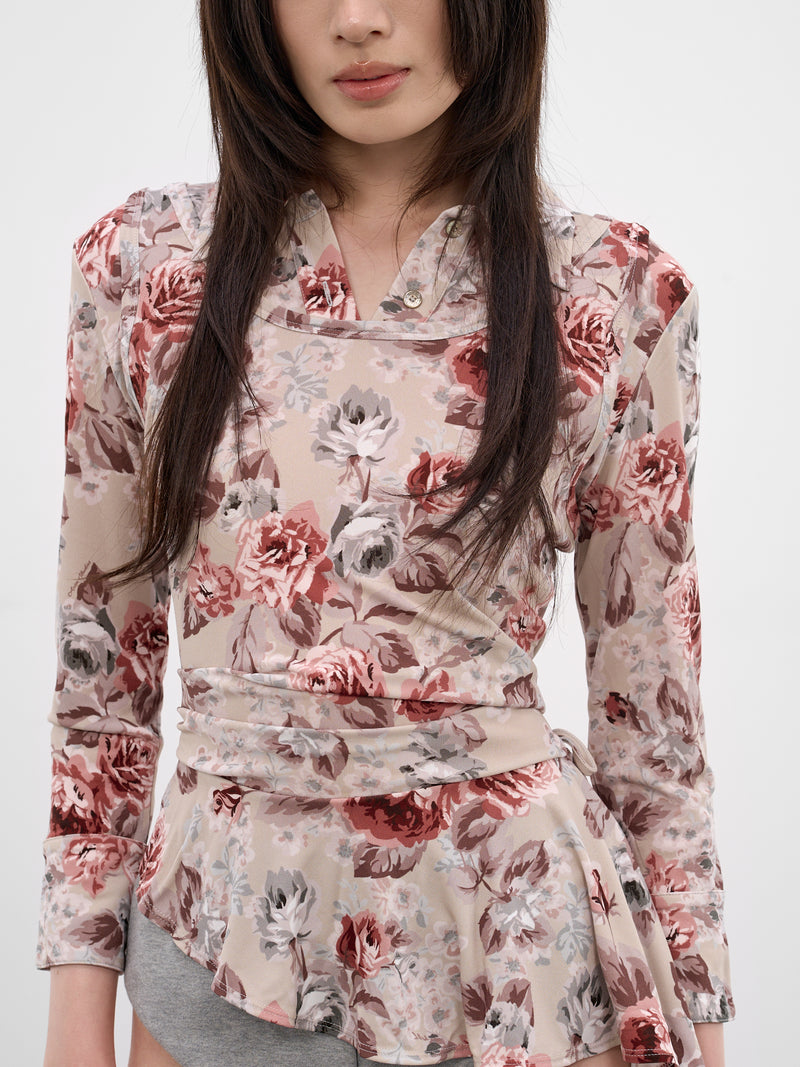 Rose Print Layered Asymmetric Blouse (FN-WN-BLOU001284-BEIGE)