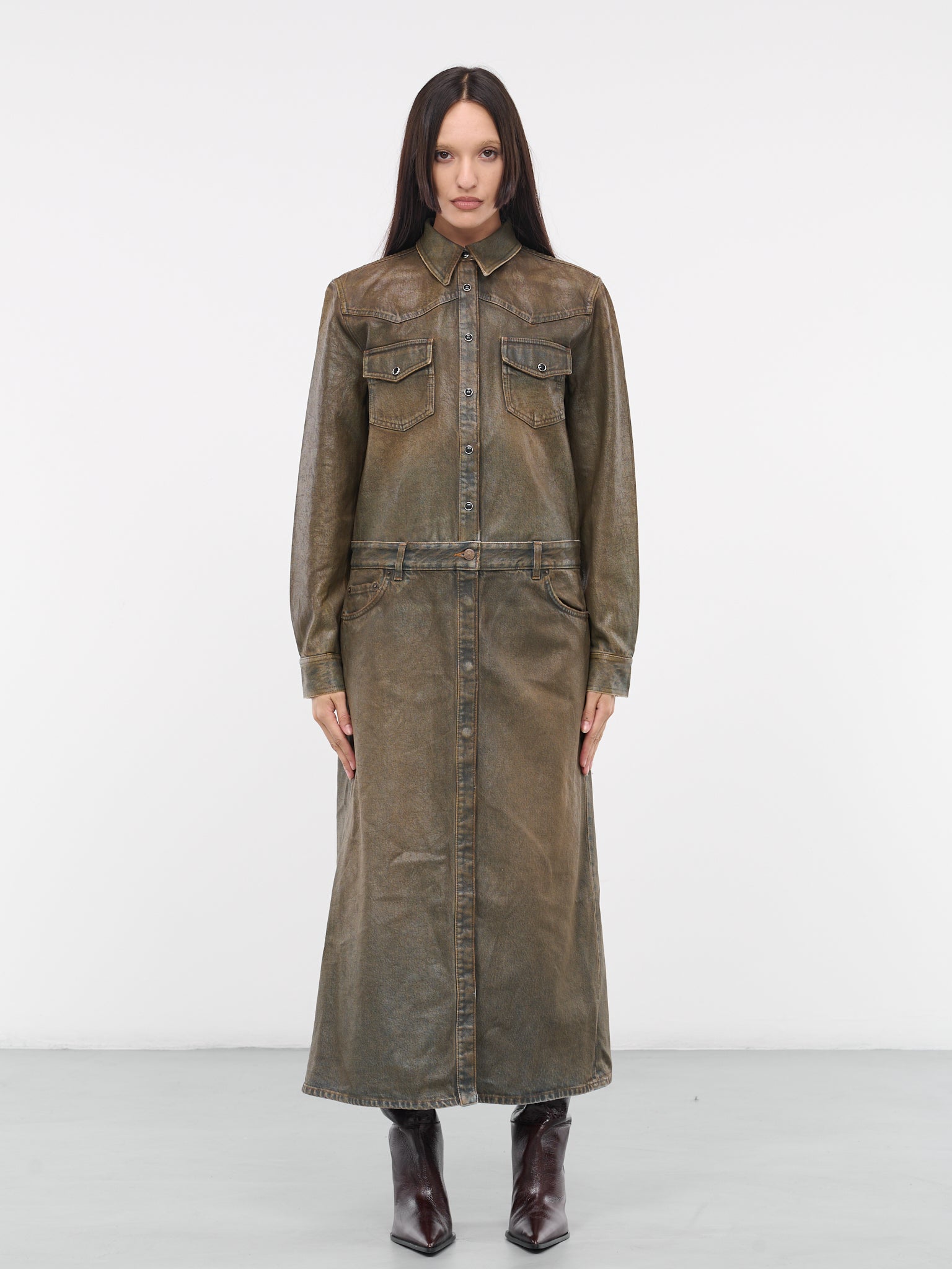 Oil Coated Denim Dress (FN-WN-DRES001039-BLUE-BEIGE)