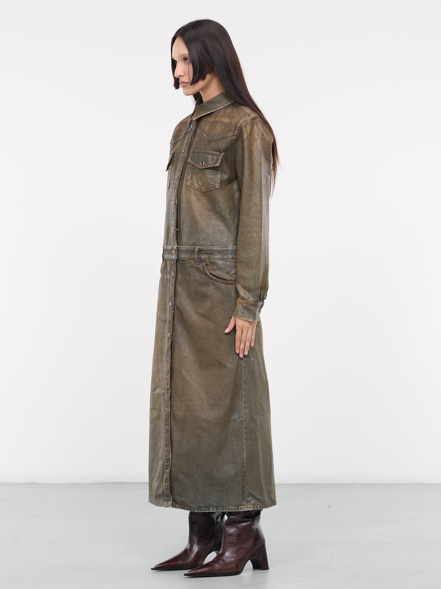 Oil Coated Denim Dress (FN-WN-DRES001039-BLUE-BEIGE)