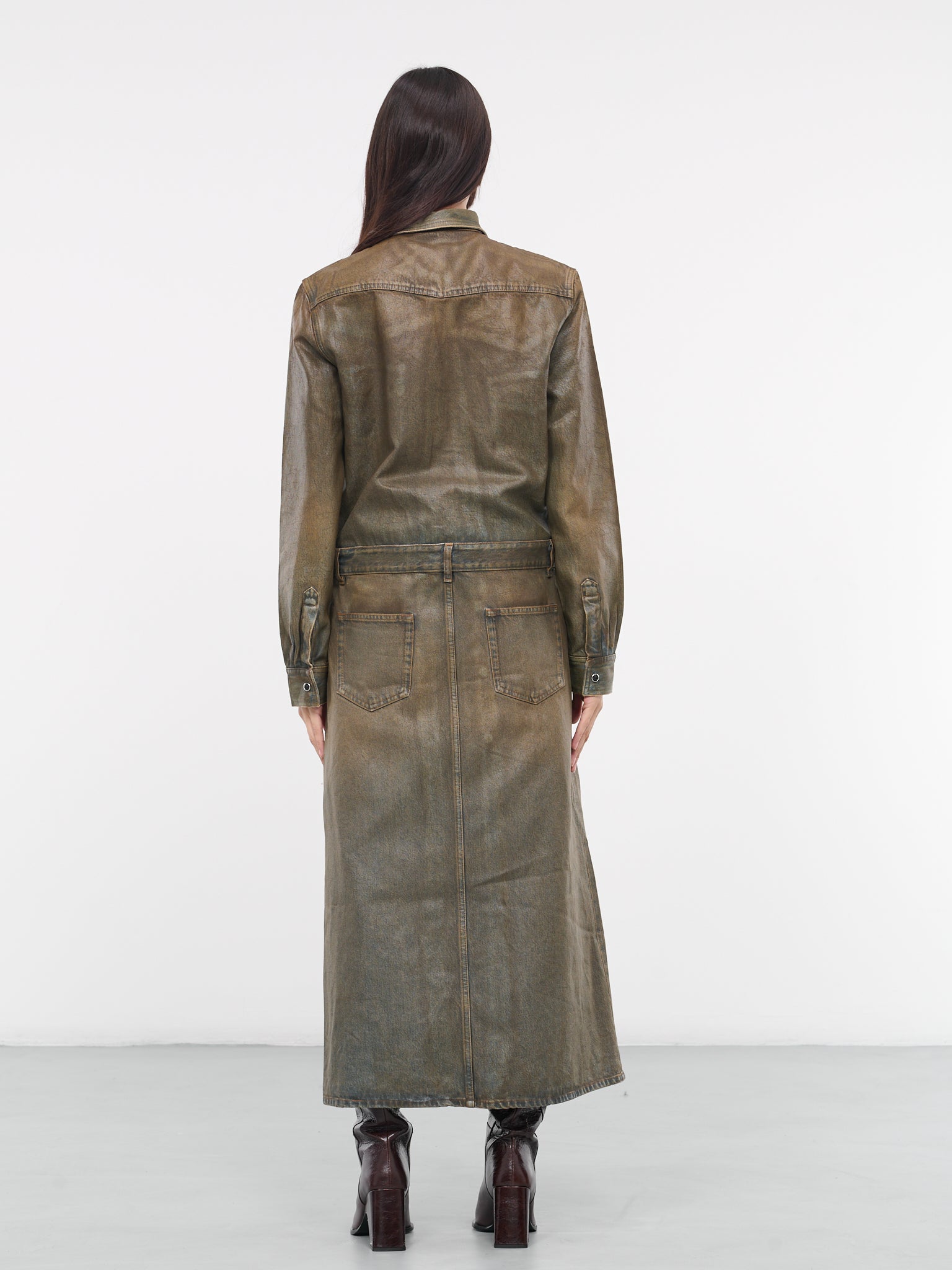 Oil Coated Denim Dress (FN-WN-DRES001039-BLUE-BEIGE)