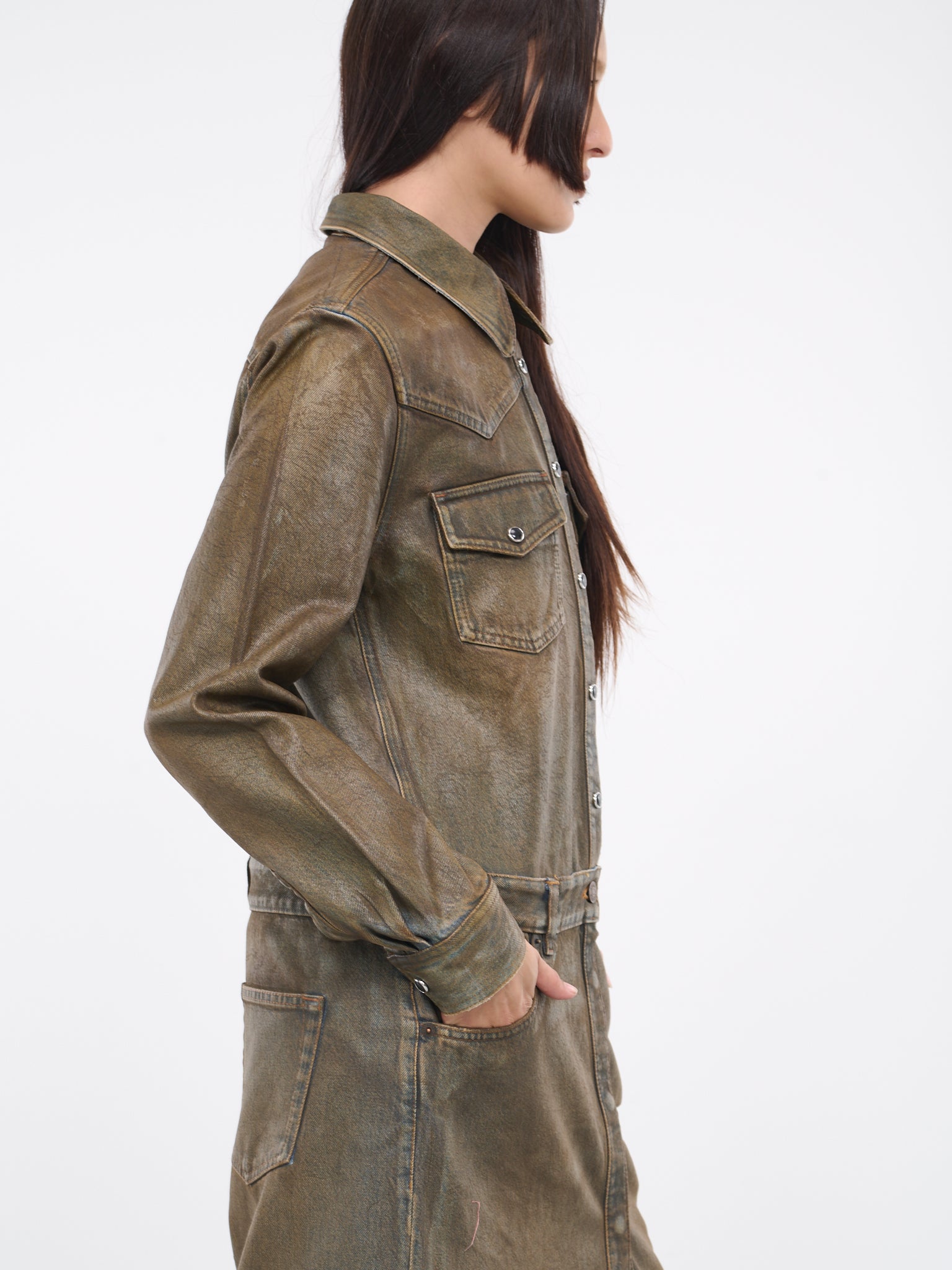 Oil Coated Denim Dress (FN-WN-DRES001039-BLUE-BEIGE)
