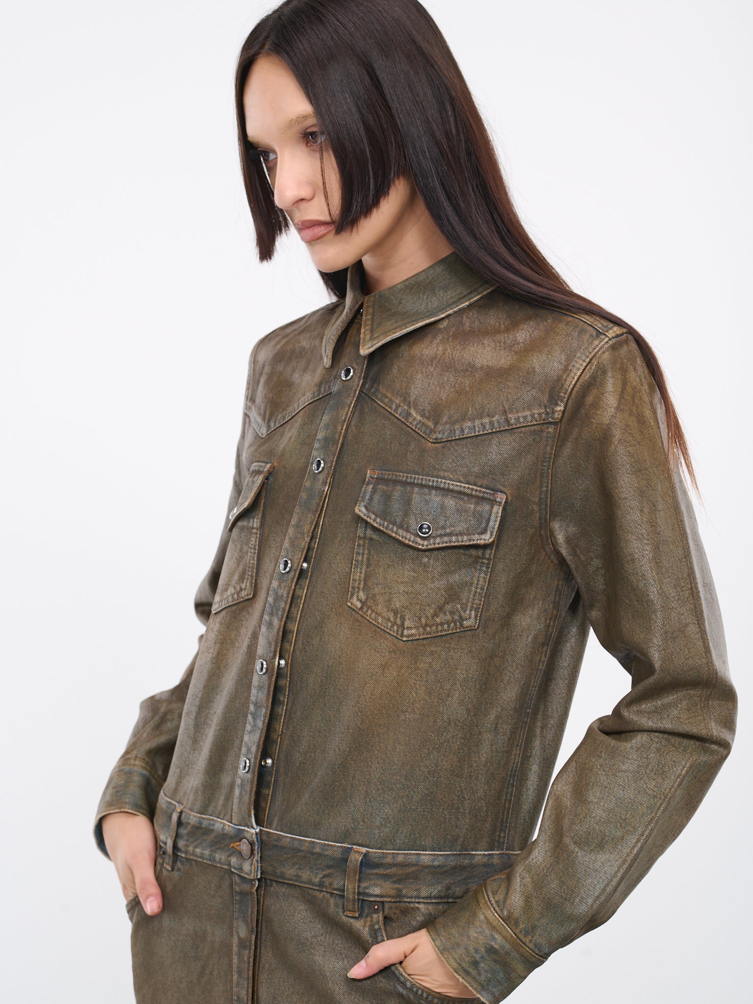 Oil Coated Denim Dress (FN-WN-DRES001039-BLUE-BEIGE)