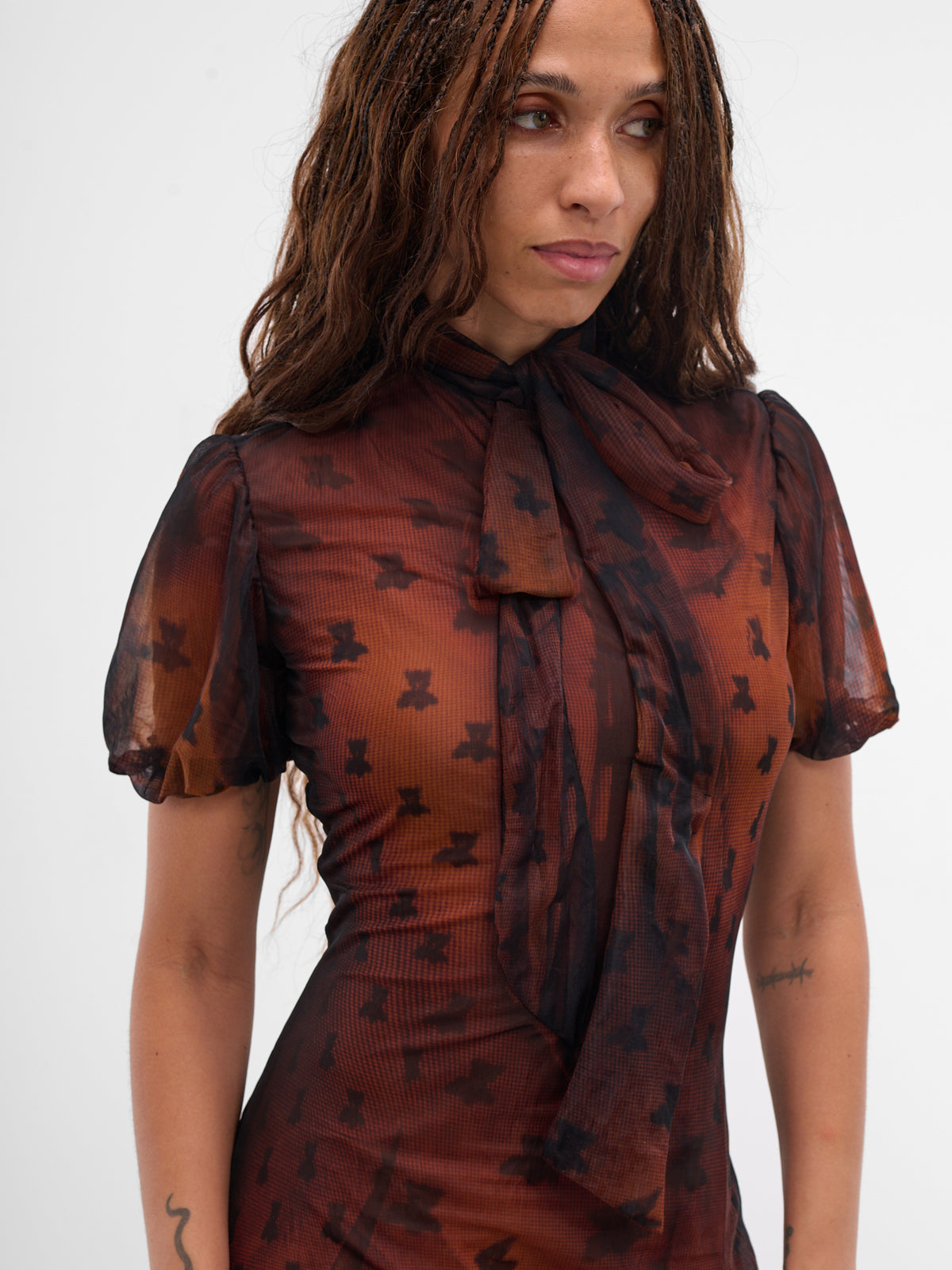 Brown Printed Nylon Bow Dress (FN-WN-DRES001562-RUST-BROWN)