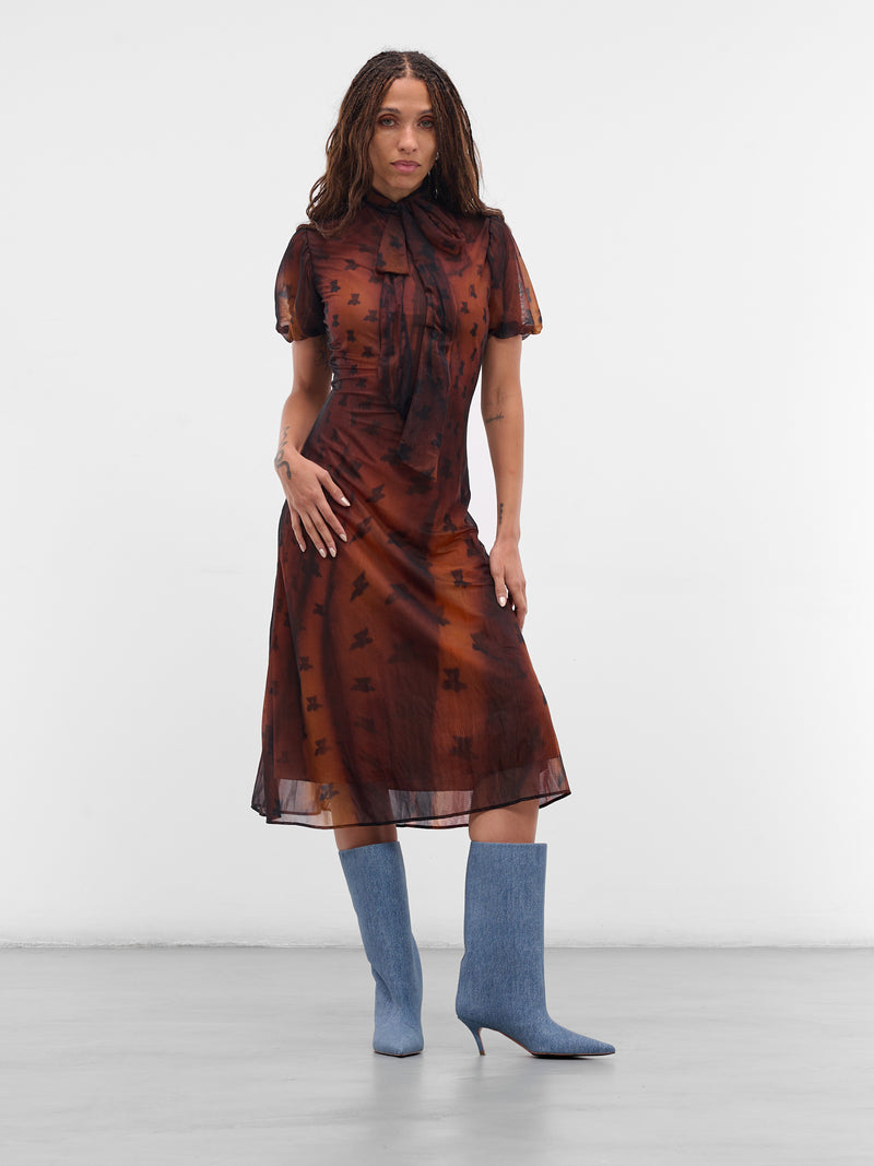 Brown Printed Nylon Bow Dress (FN-WN-DRES001562-RUST-BROWN)
