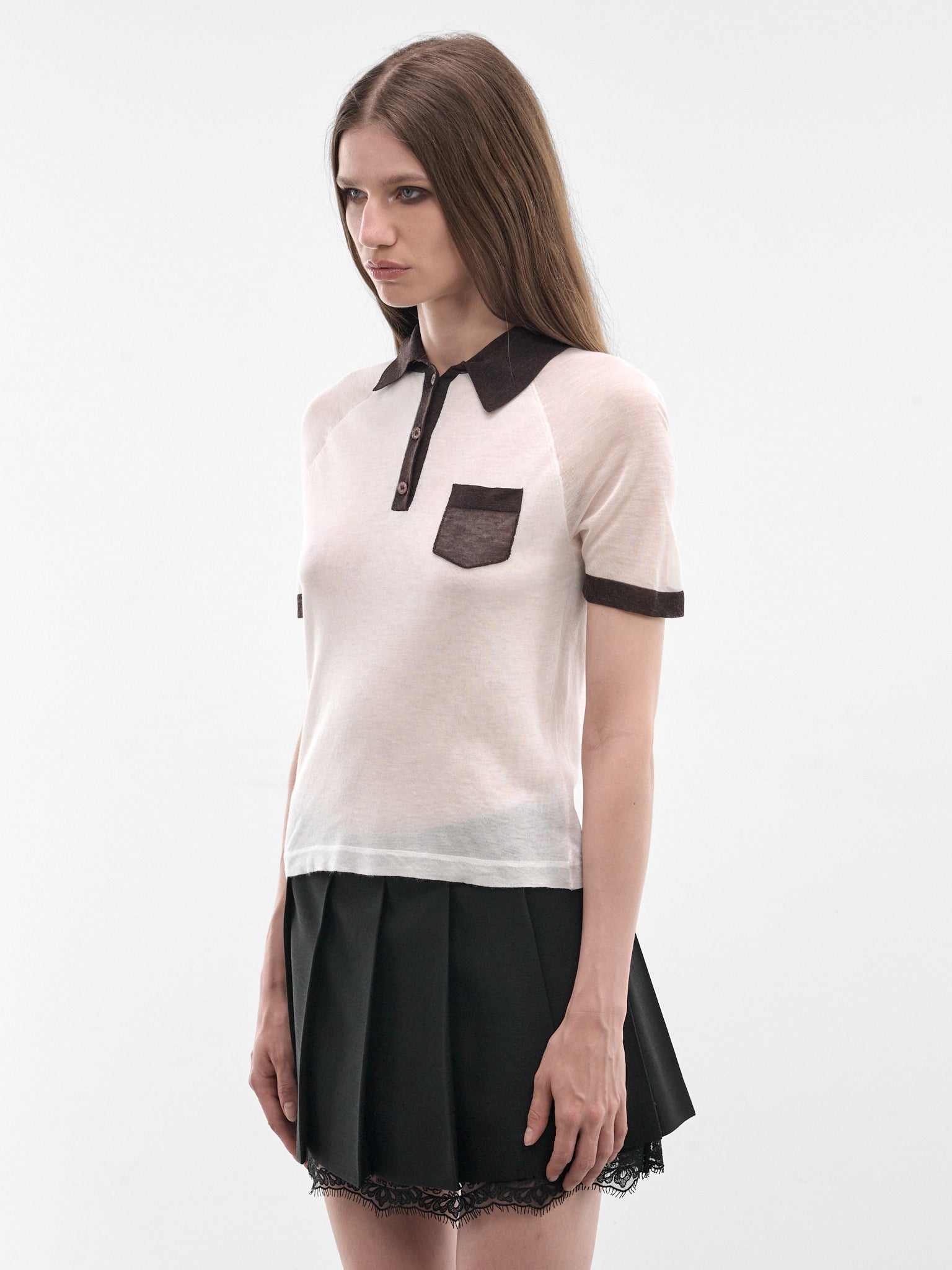 White Sheer Polo Knit Top (FN-WN-KNIT000855-WHITE-BROWN)