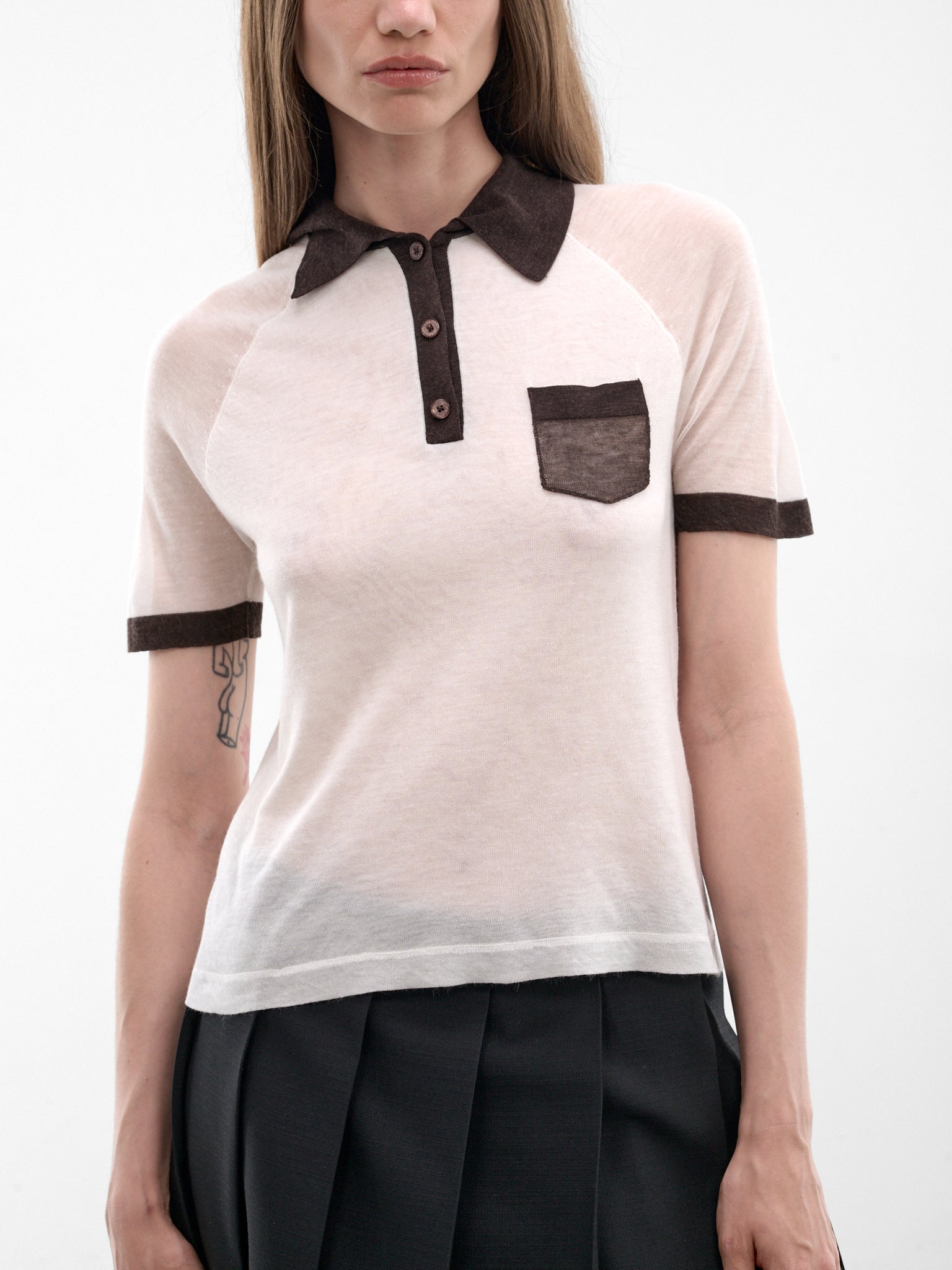 White Sheer Polo Knit Top (FN-WN-KNIT000855-WHITE-BROWN)