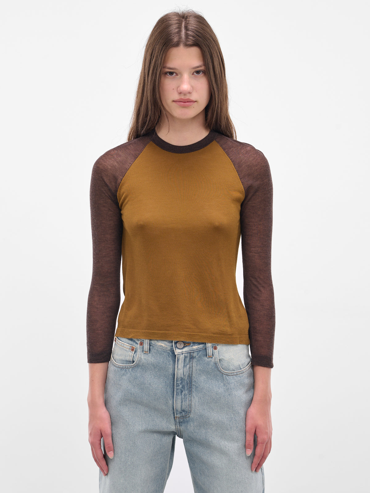 Brown Contrast Raglan Sleve Tee (FN-WN-KNIT000856-CAMEL-BROWN)