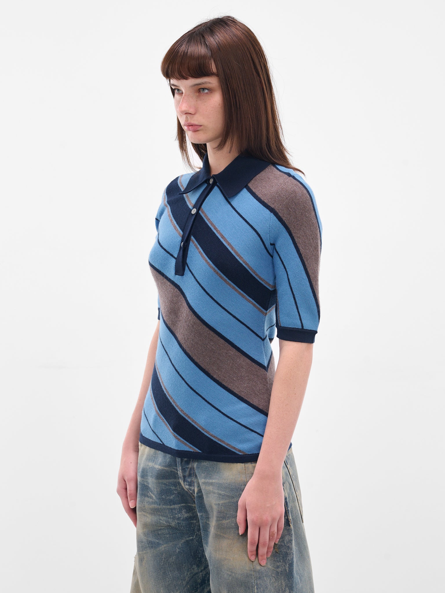Blue Striped Knit Polo Shirt (FN-WN-KNIT000884-MULTI-BLUE)