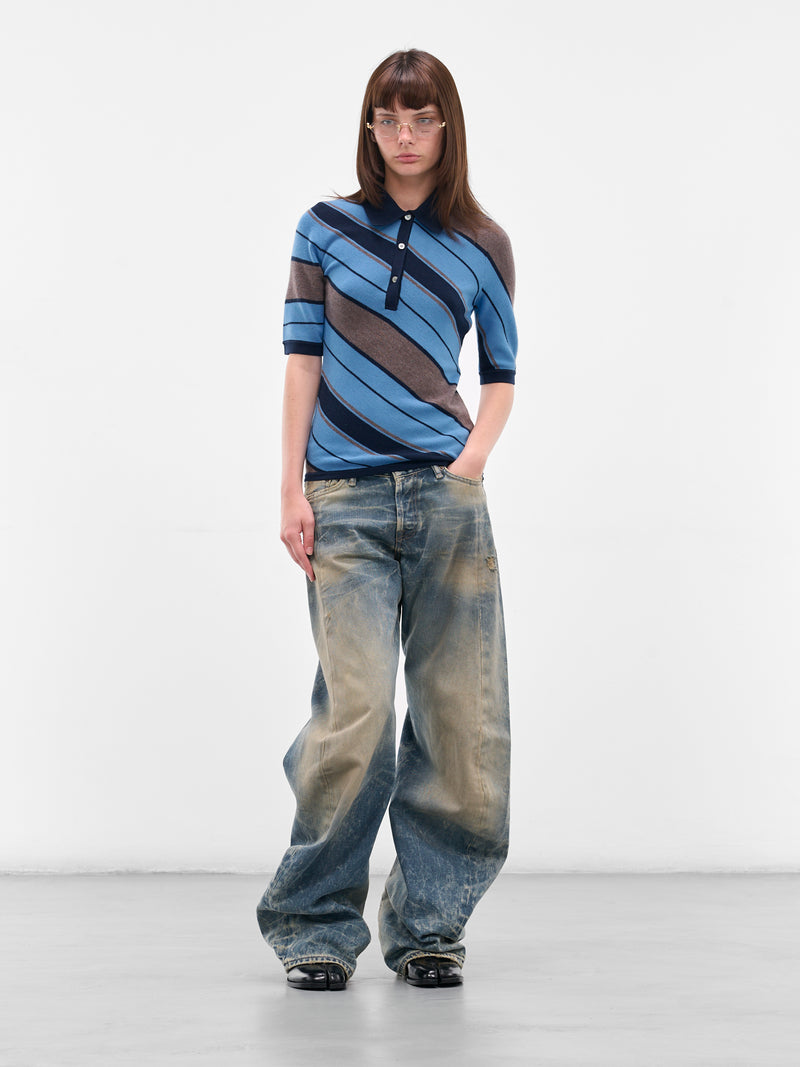 Blue Striped Knit Polo Shirt (FN-WN-KNIT000884-MULTI-BLUE)