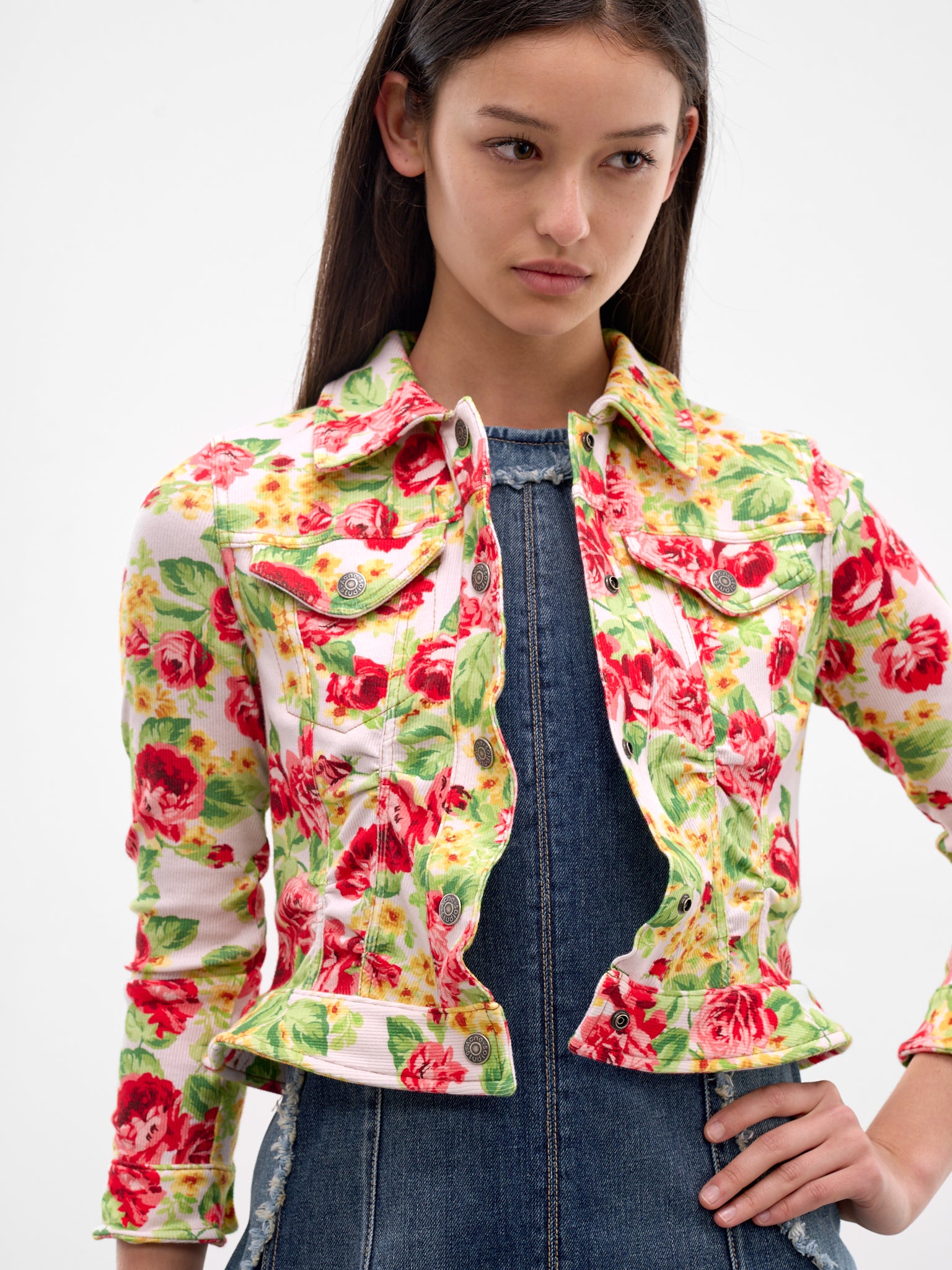 Floral Denim Trucker Jacket (FN-WN-OUTW001175-PINK-MULTI)