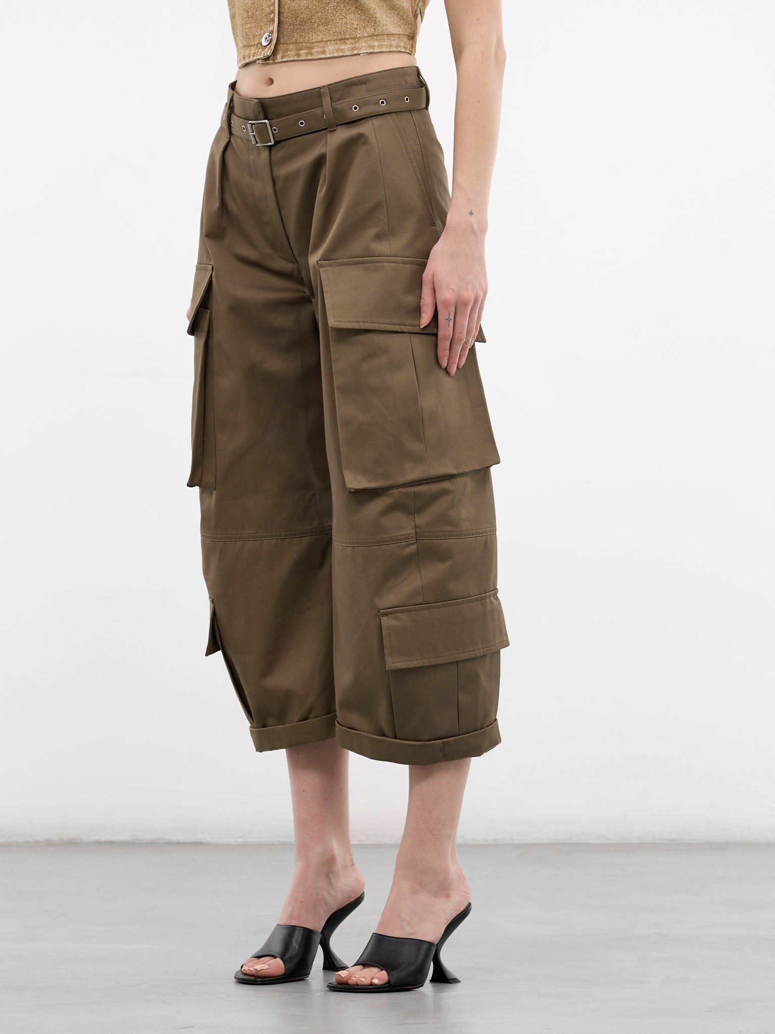 Khaki Twill Cropped Cargo Pants (FN-WN-TROU001578-KHAKI-GREEN)