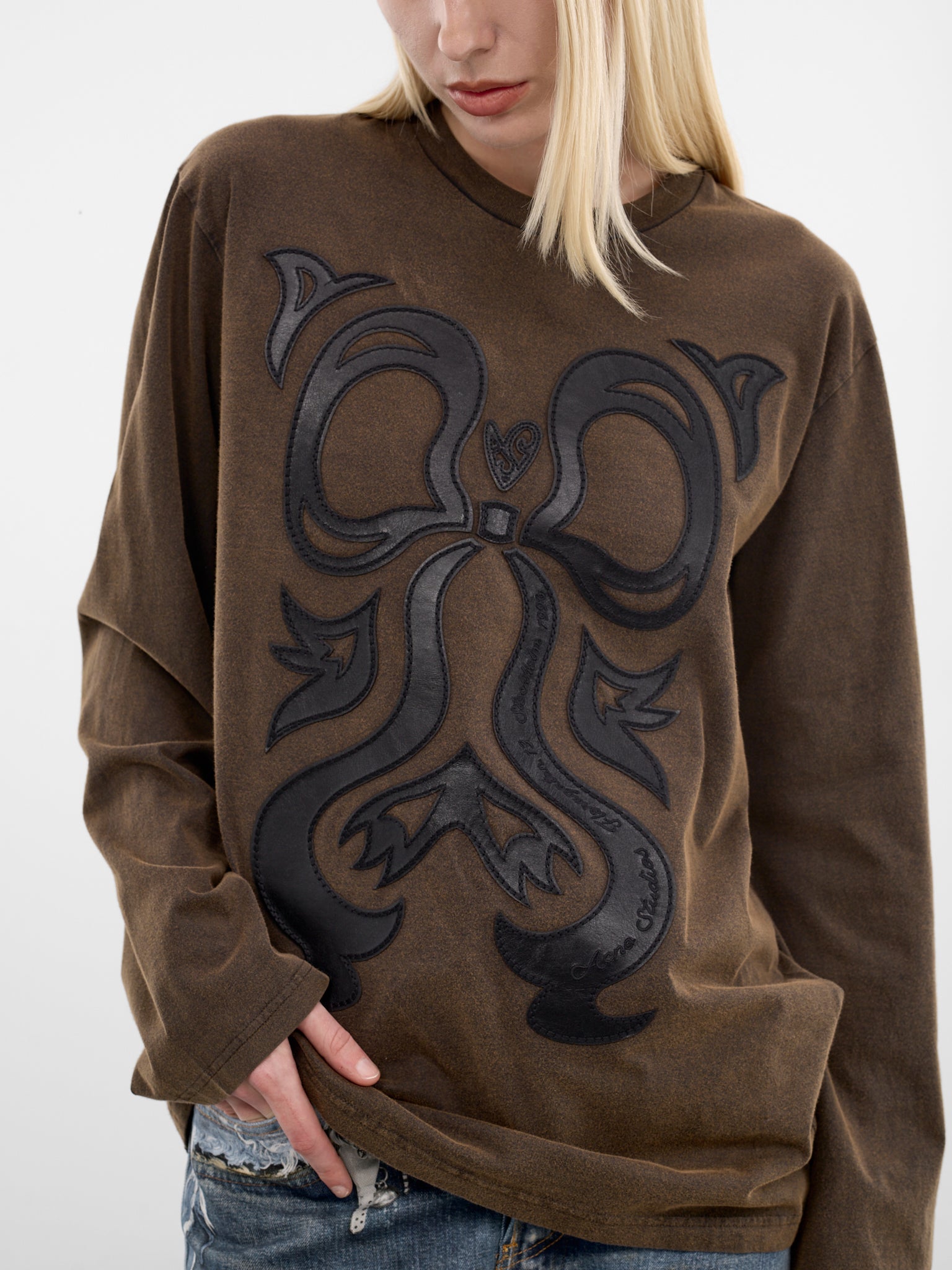 Brown Leather Patchwork Long Sleeve (FN-WN-TSHI000875-DARK-BROWN-BL)