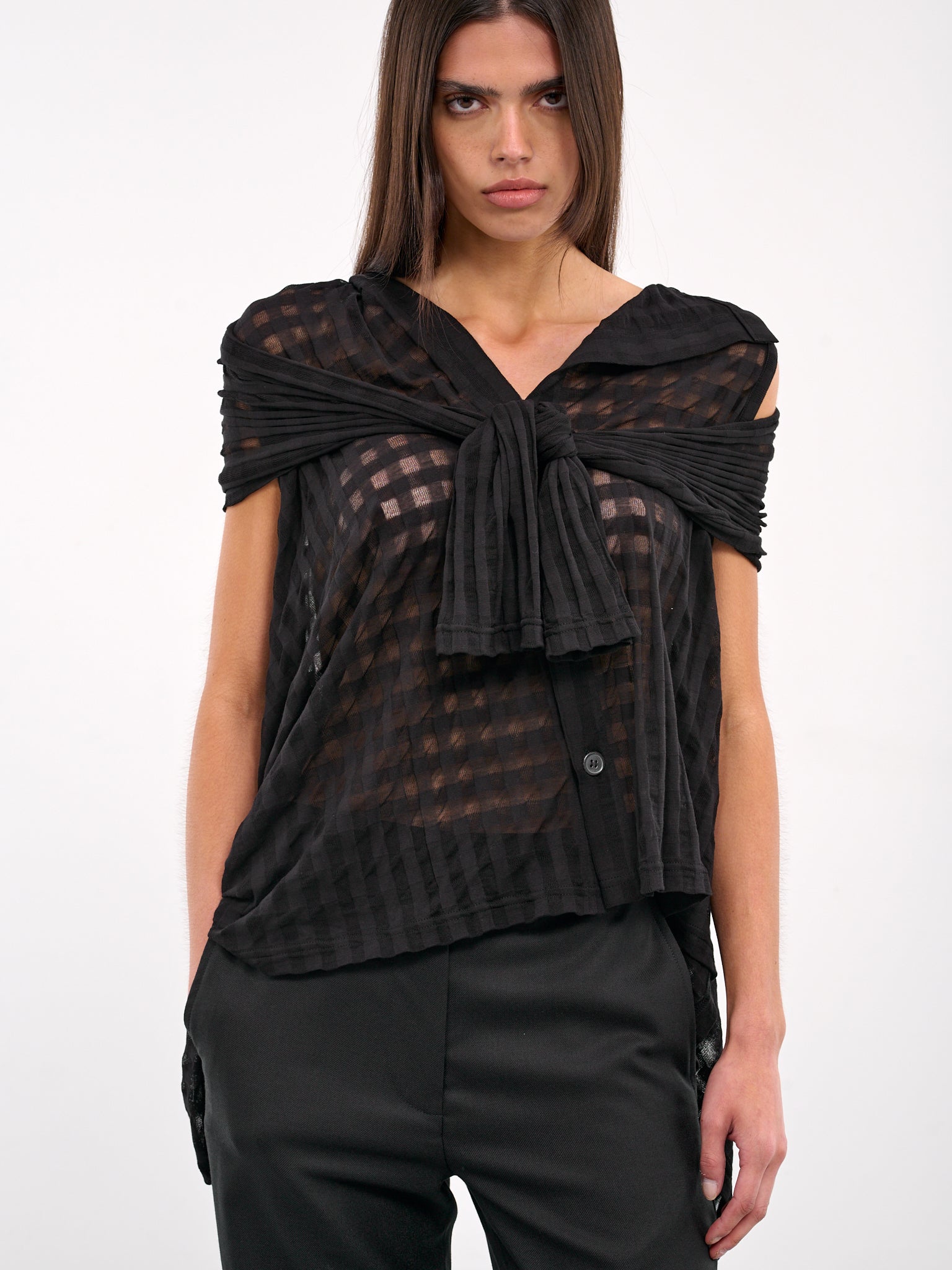 Sheer Plaid Jacquard Layered Cardigan (FP-T19-075-1-BLACK)