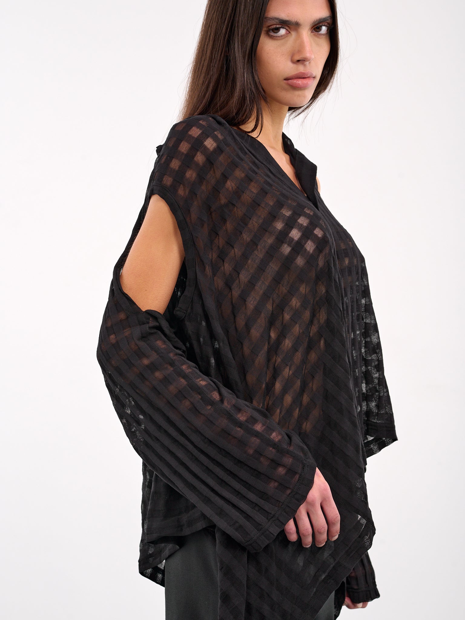 Sheer Plaid Jacquard Layered Cardigan (FP-T19-075-1-BLACK)