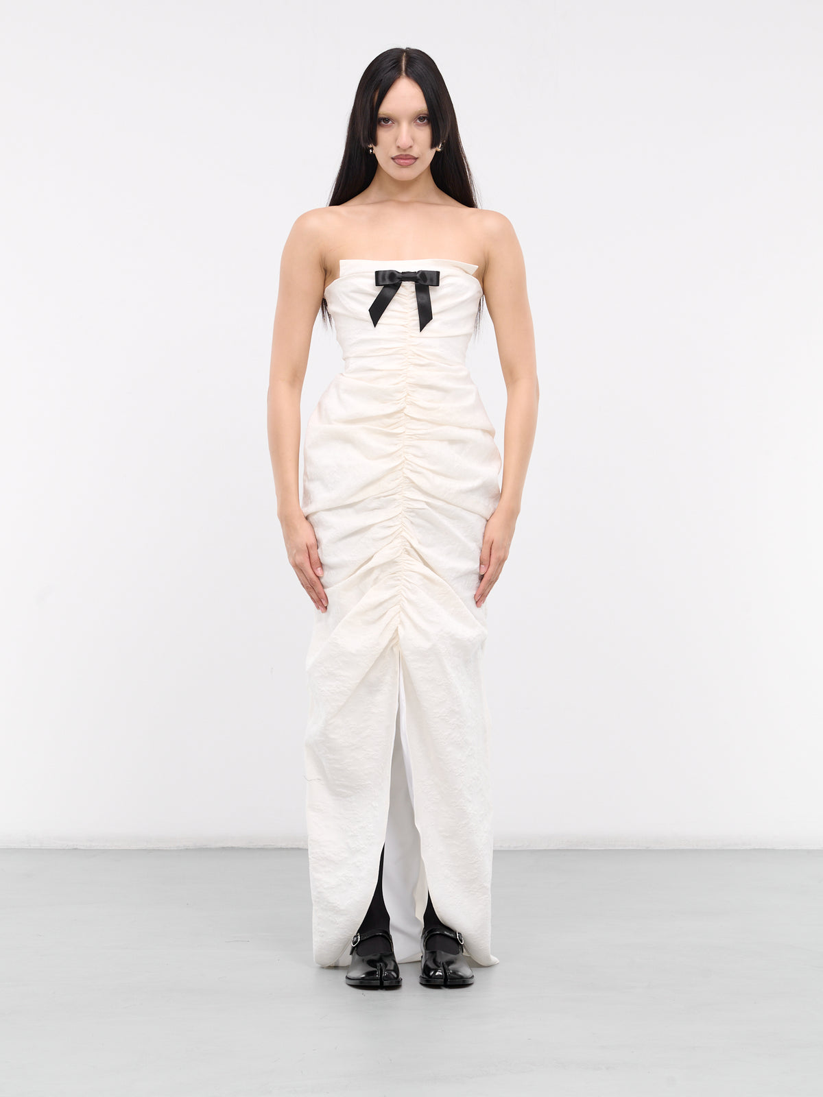 Bow Shirred Long Dress (FSDDDR01-WJF641-WHITE)