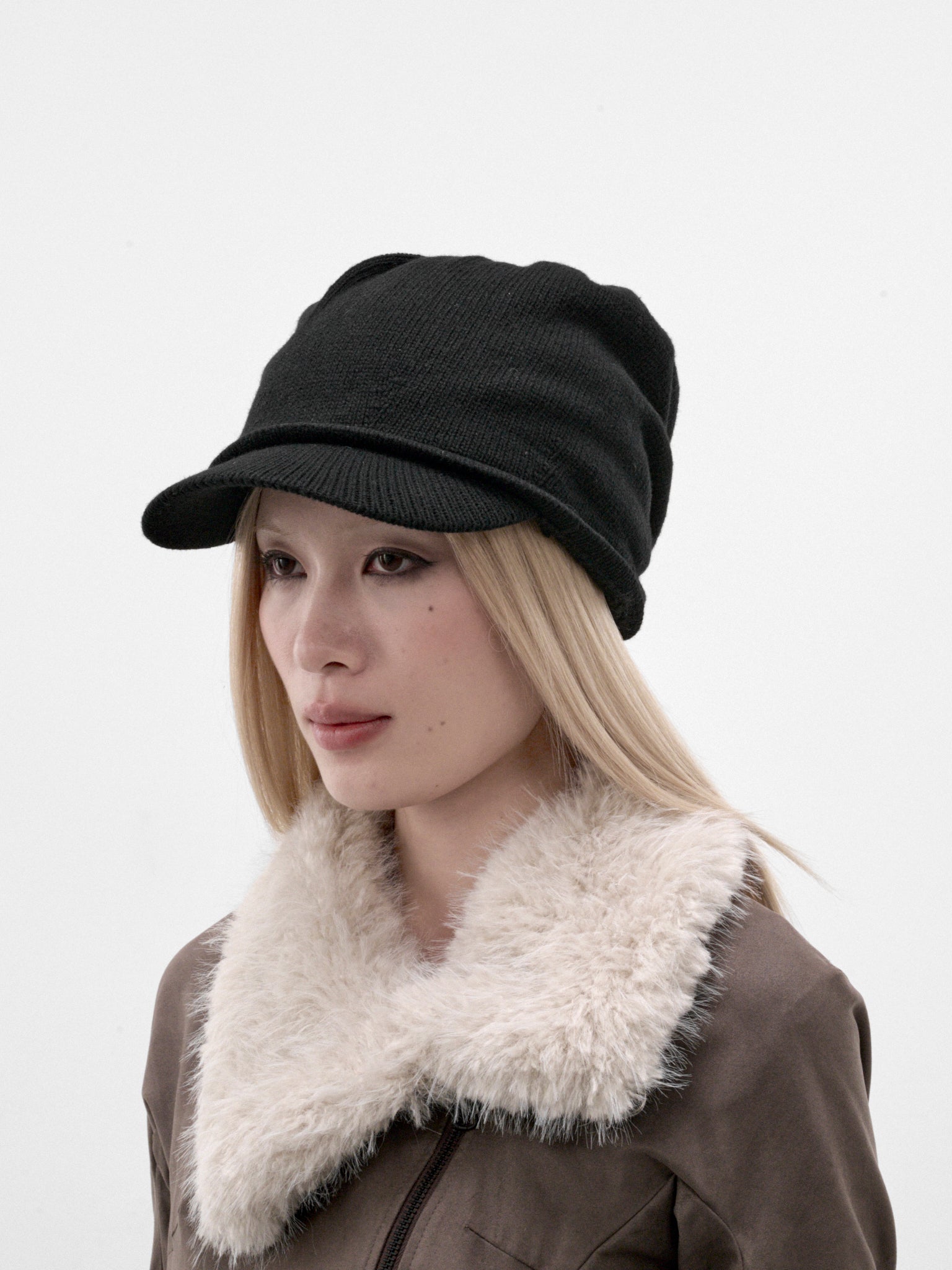 Black Wool Slouched Knit Cap (FW26-AC3K-BLACK)