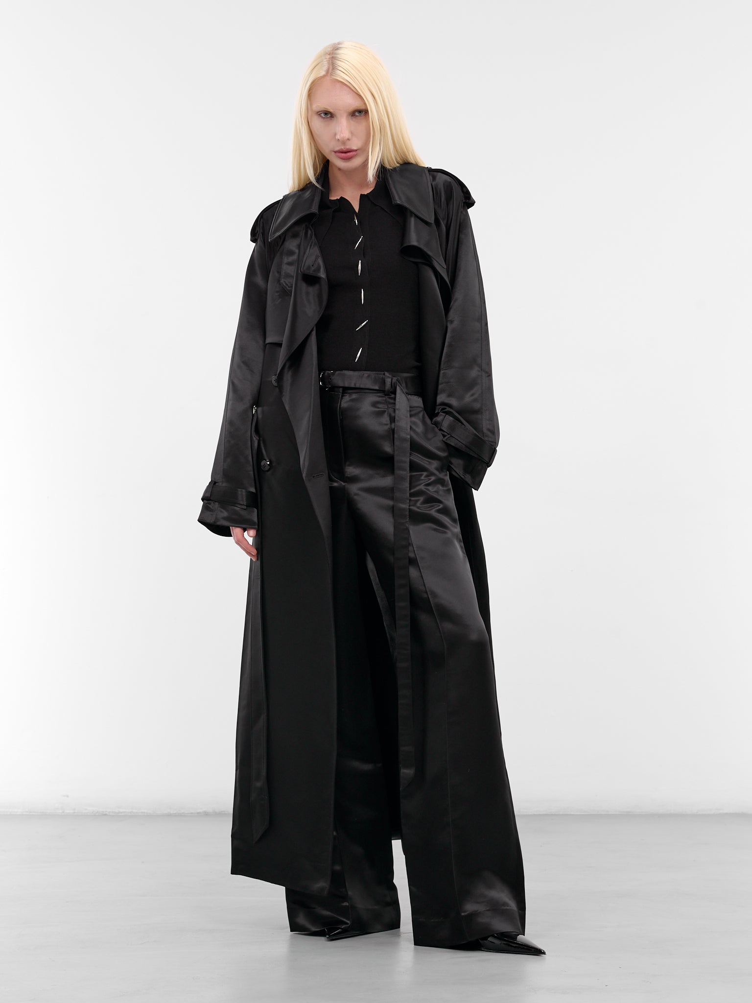 Black Liquid Viscose Trench Coat (G6108-BLACK)