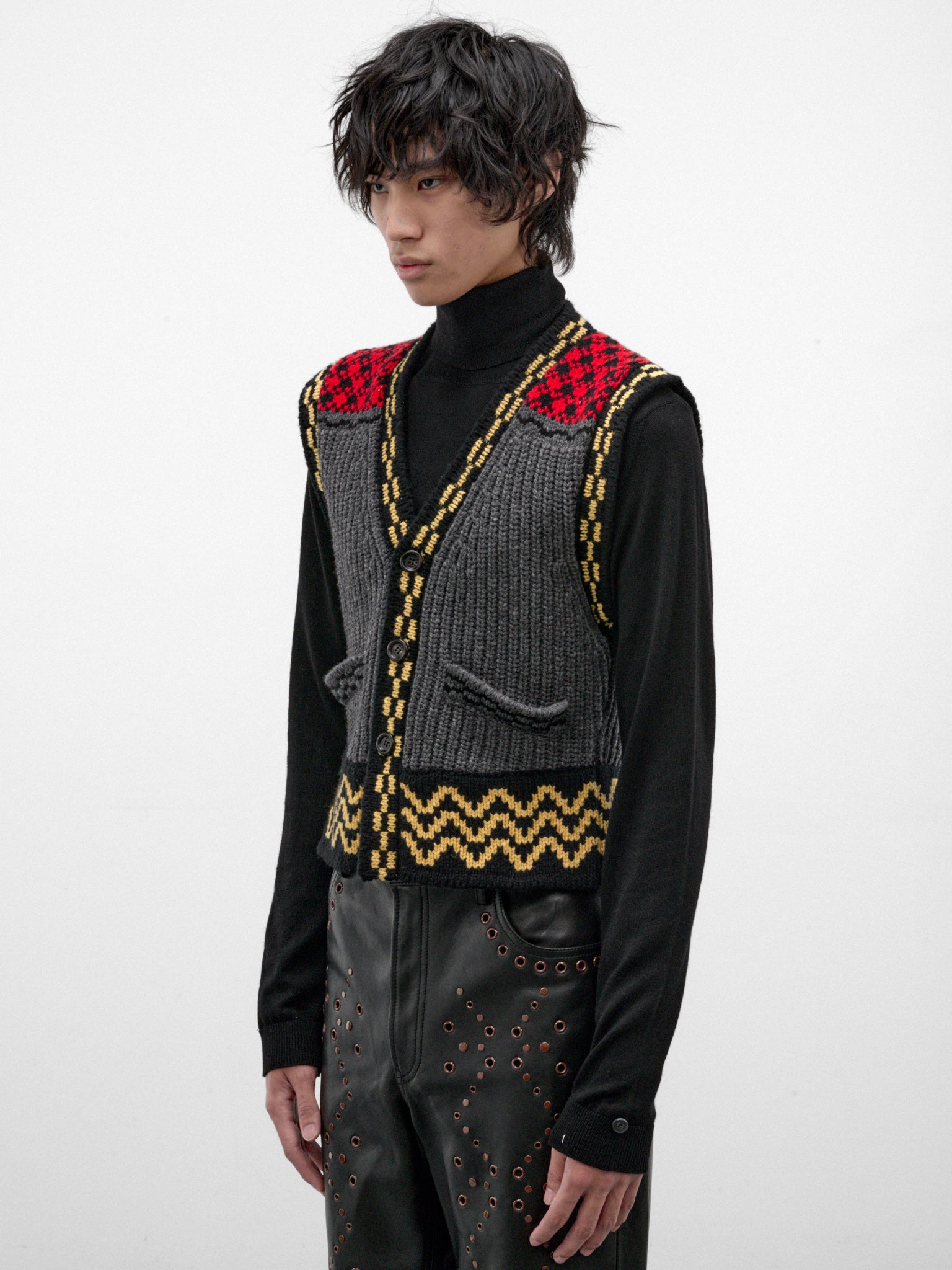 Gray Wool Patterned Knit Vest (GLMG0006Q0-UFH101-GREY-MULTI)