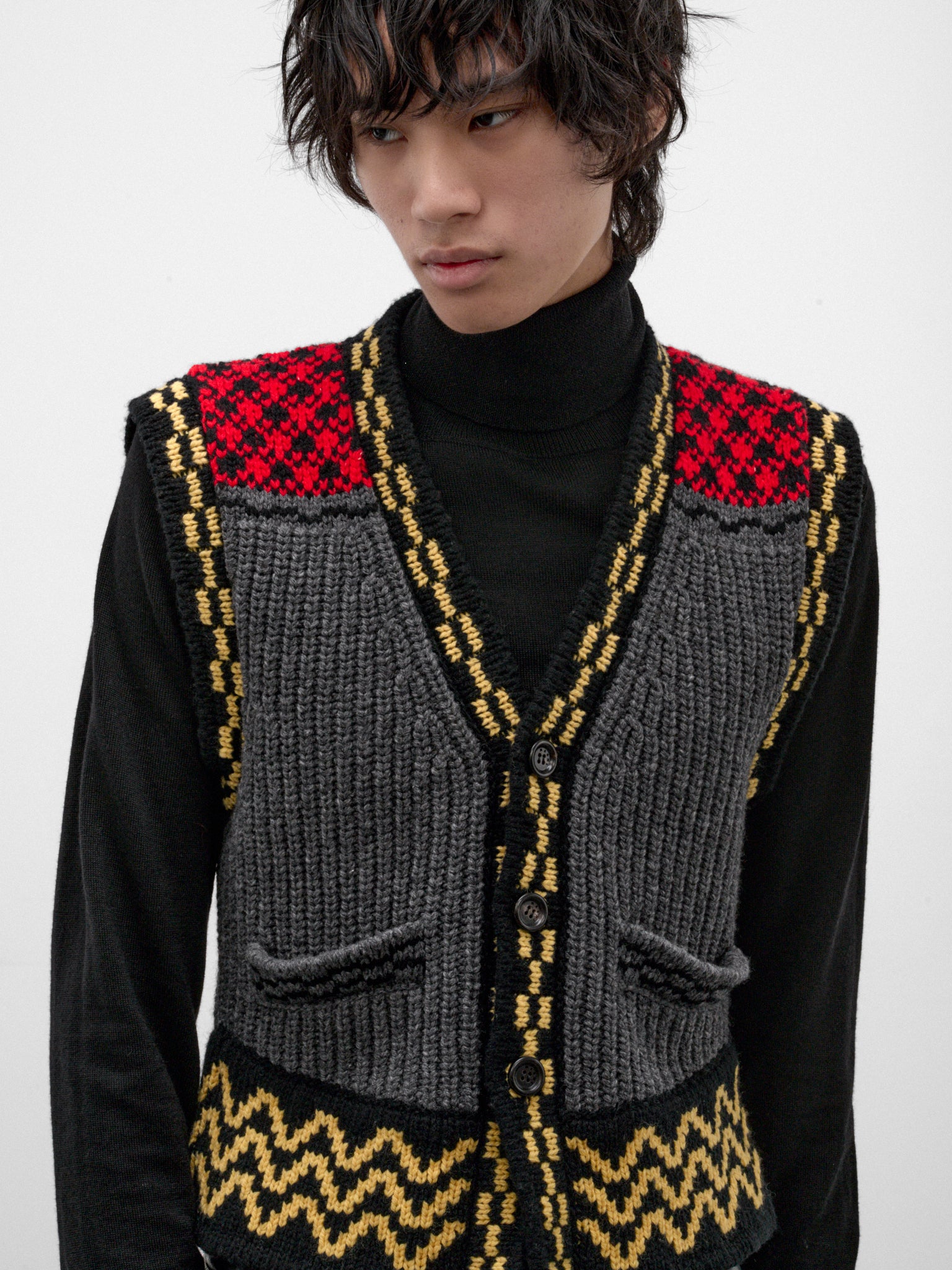 Gray Wool Patterned Knit Vest (GLMG0006Q0-UFH101-GREY-MULTI)