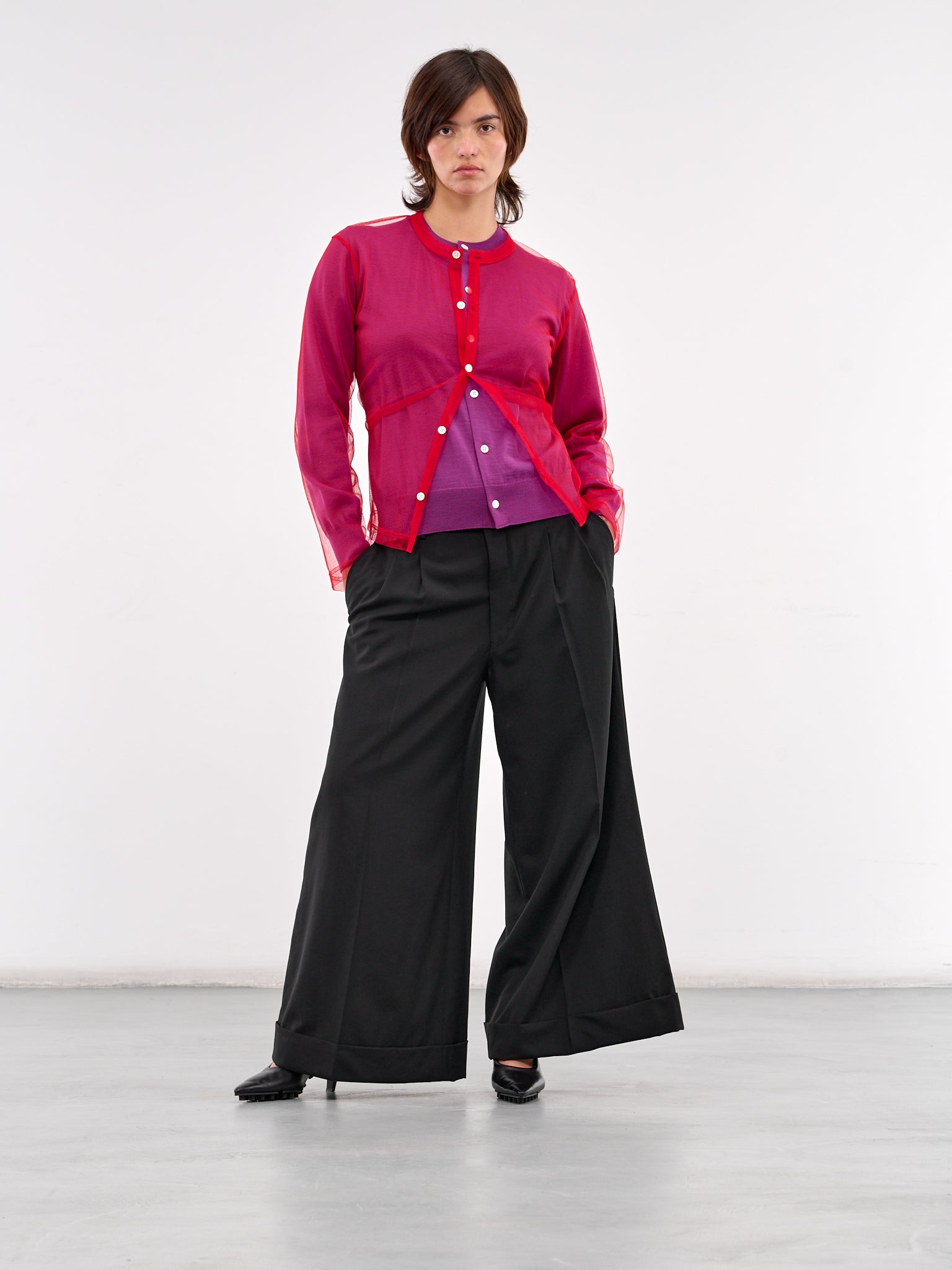 Layered Mesh & Knit Cardigan (GO-B020-PURPLE-RED)