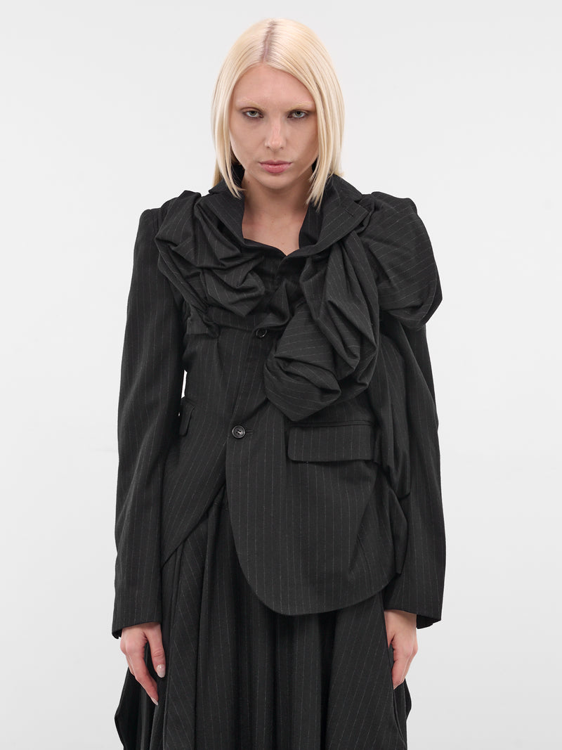 Black Pinstripe Draped Appliqué Blazer (GP-J018-BLACK)