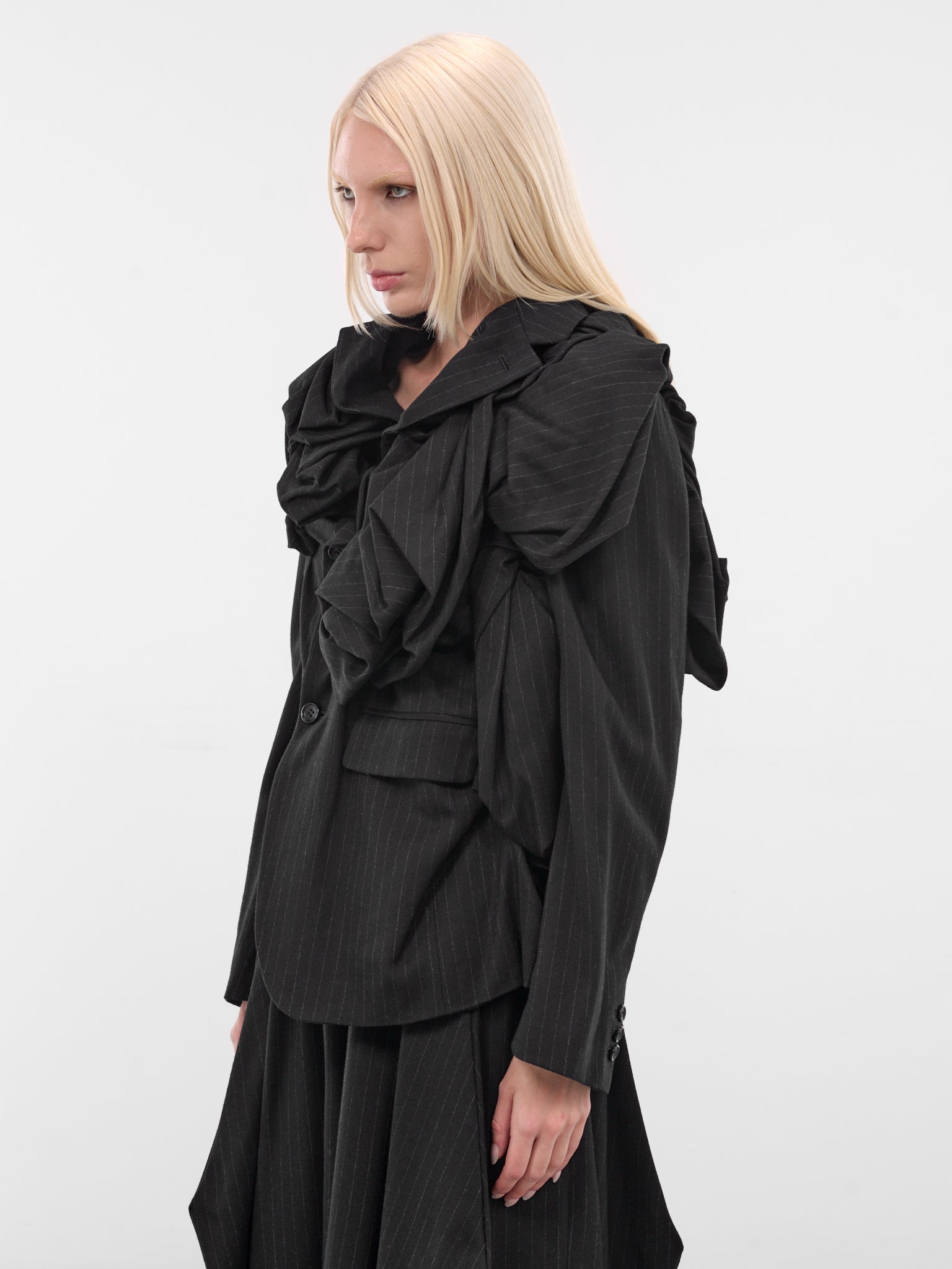 Black Pinstripe Draped Appliqué Blazer (GP-J018-BLACK)