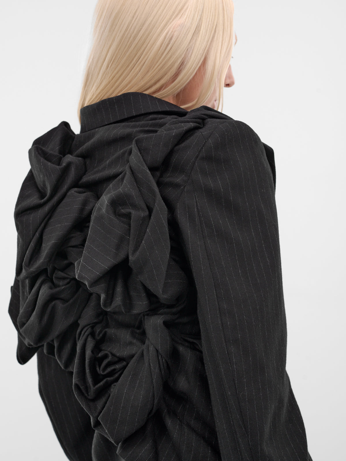 Black Pinstripe Draped Appliqué Blazer (GP-J018-BLACK)