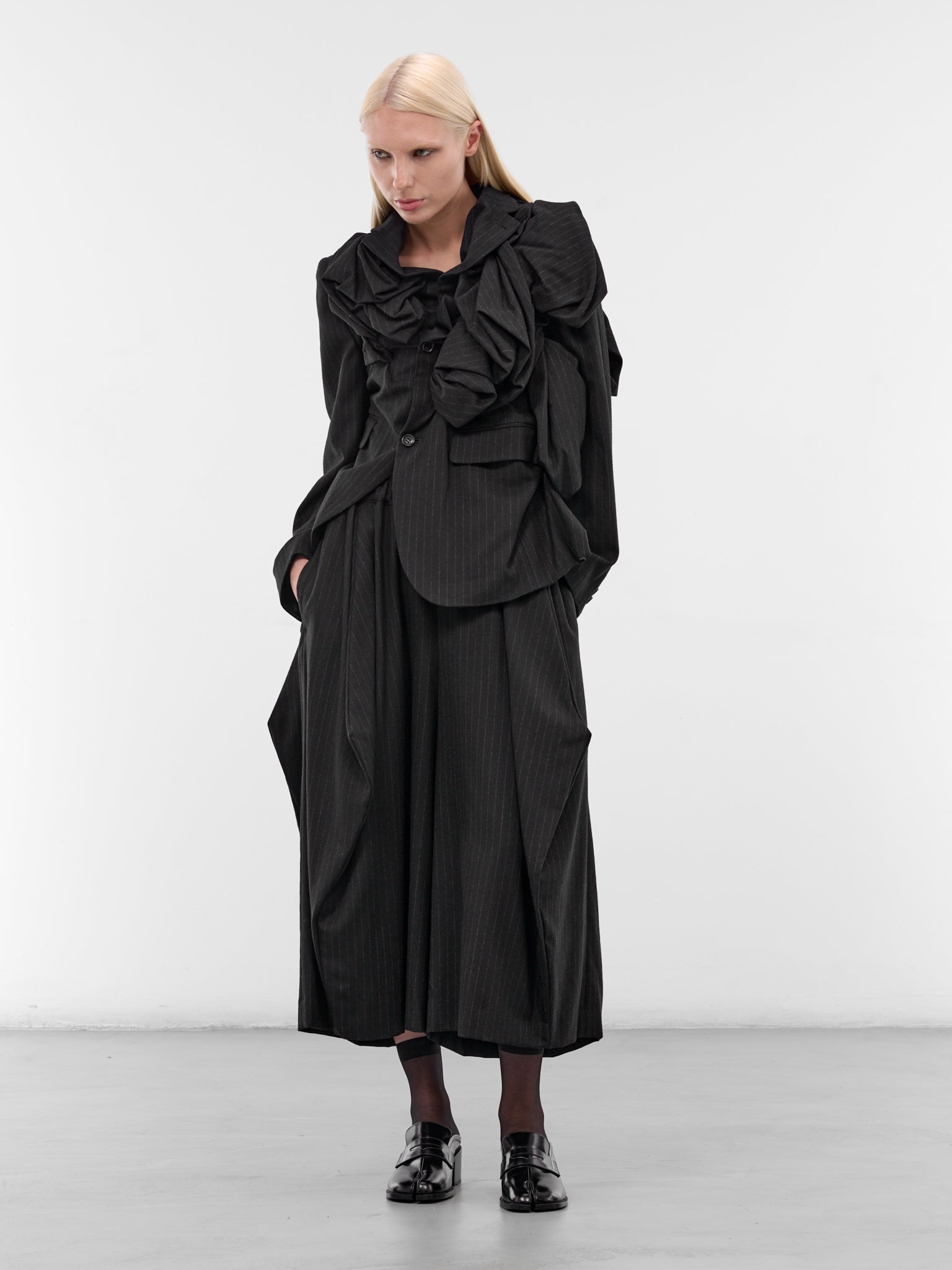 Black Pinstripe Draped Appliqué Blazer (GP-J018-BLACK)