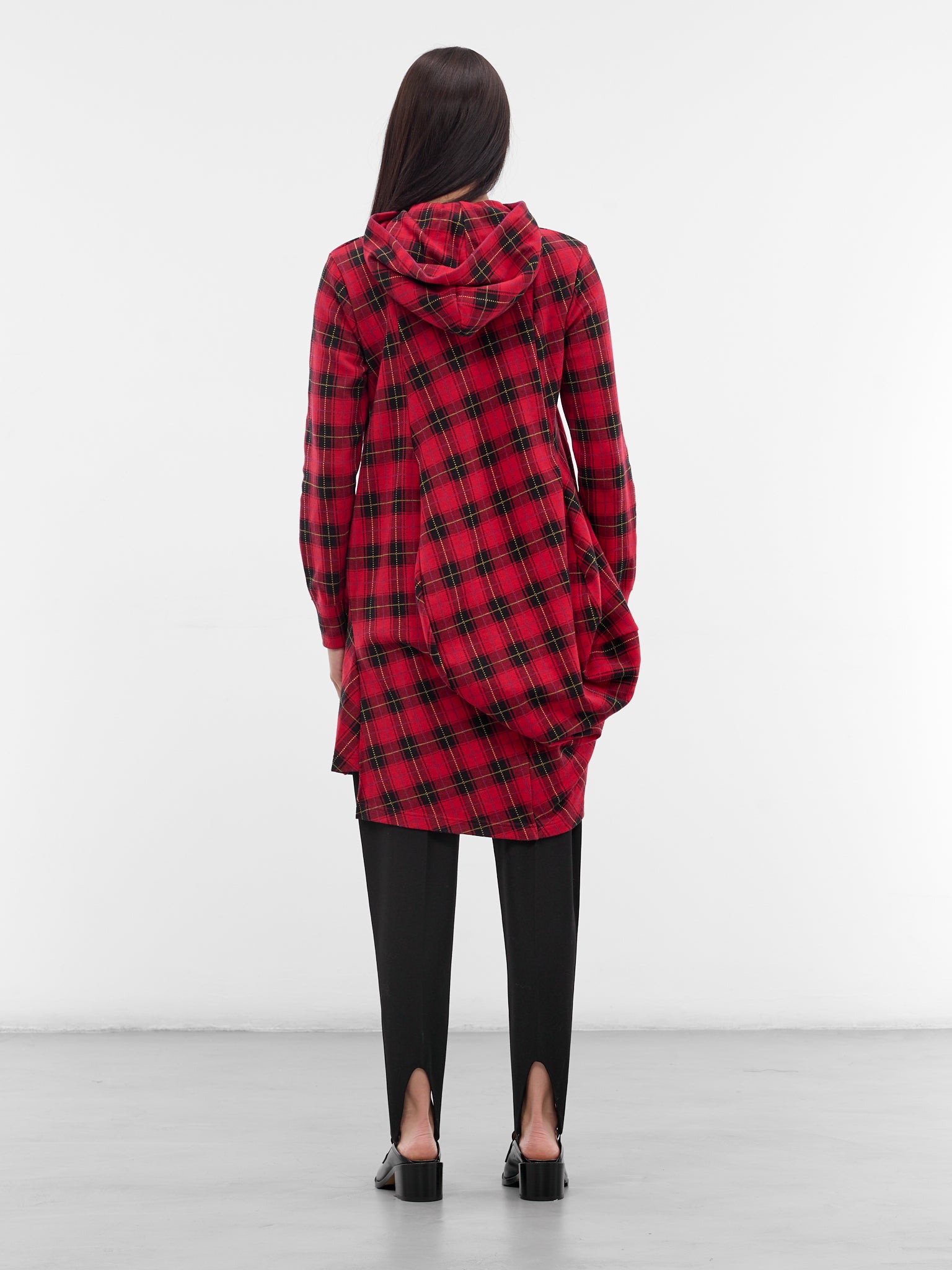 Red Tartan Asymmetric Draped Hoodie (GP-T018-W25-RED)