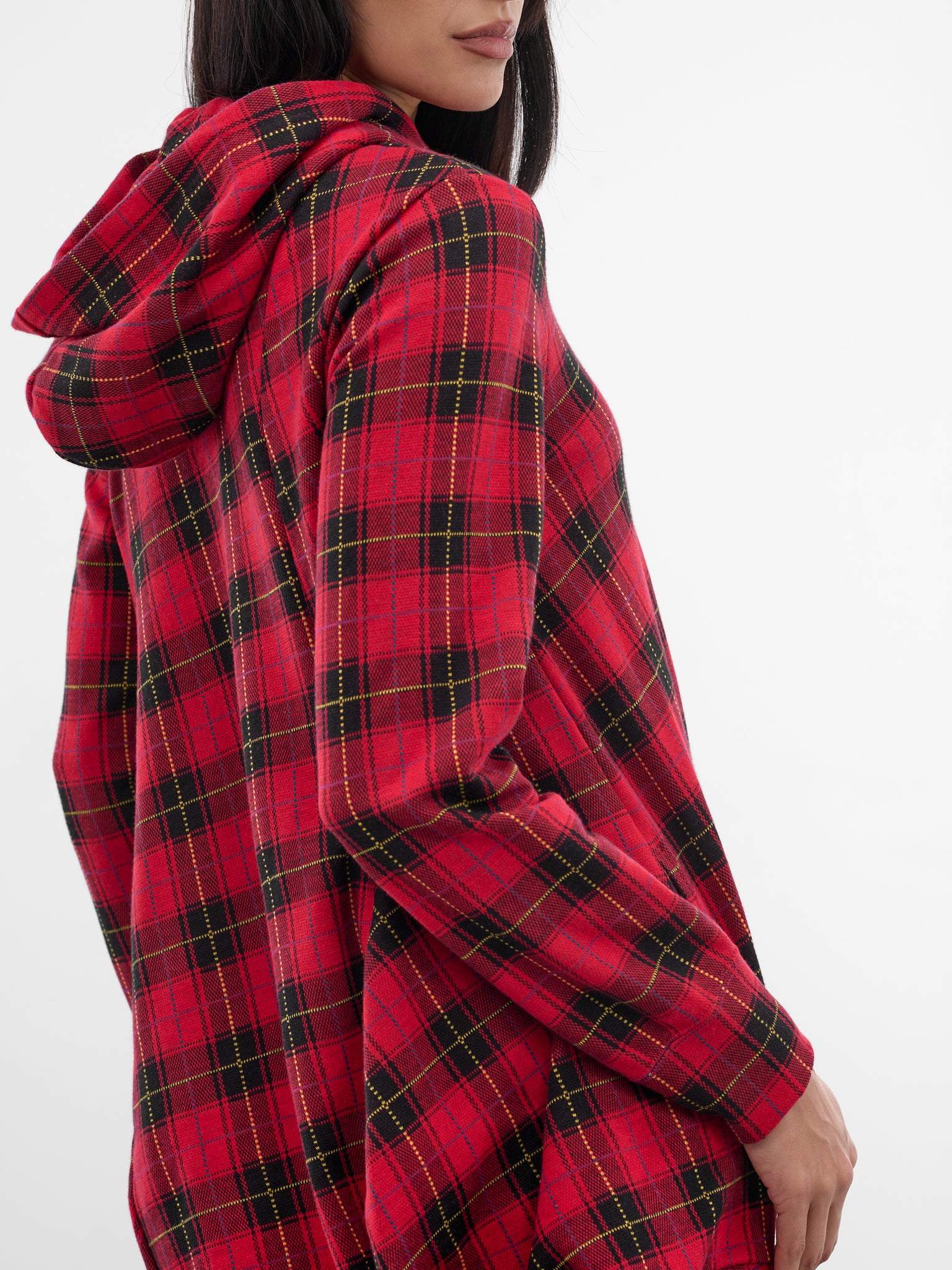 Red Tartan Asymmetric Draped Hoodie (GP-T018-W25-RED)