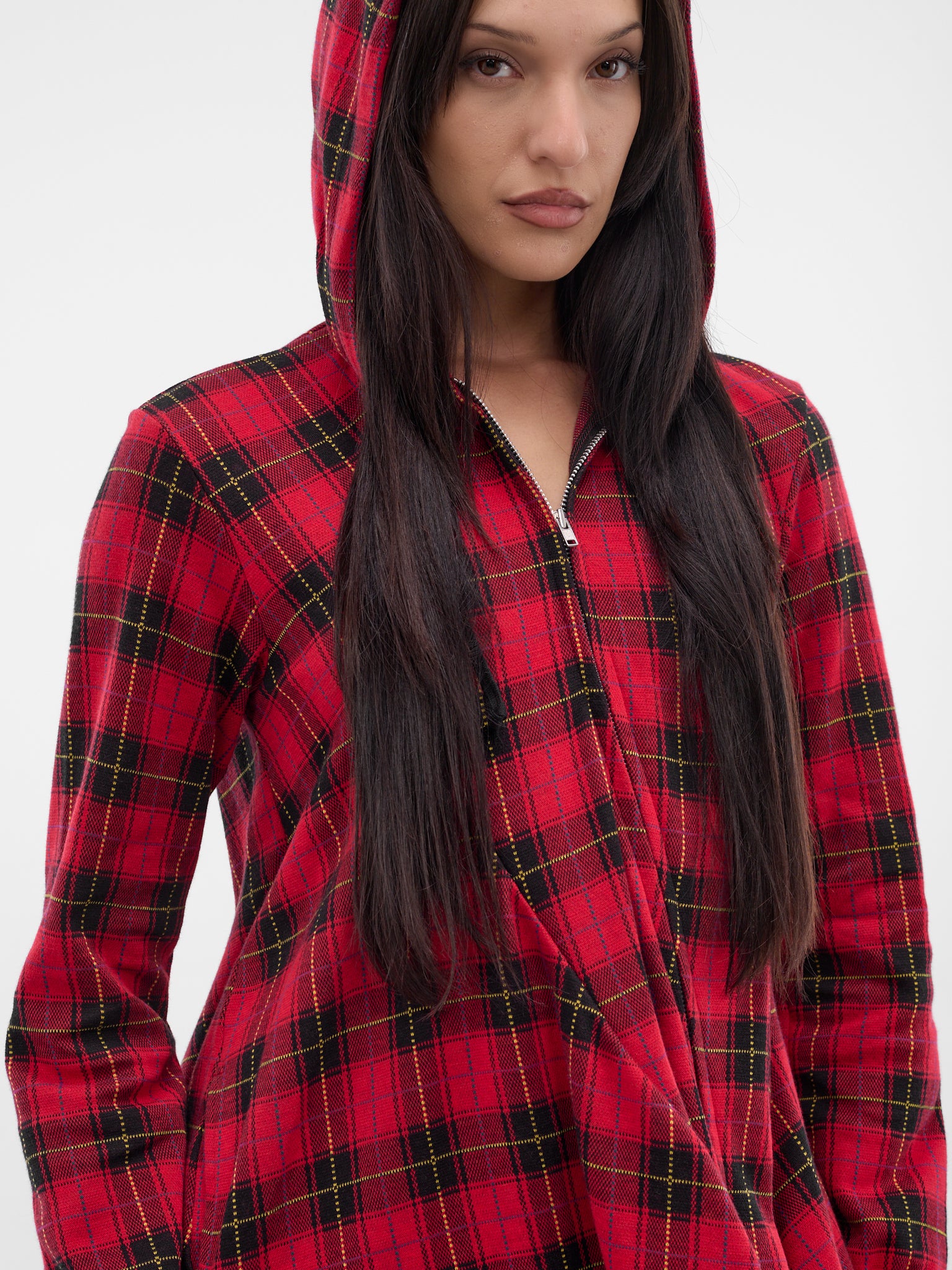 Red Tartan Asymmetric Draped Hoodie (GP-T018-W25-RED)