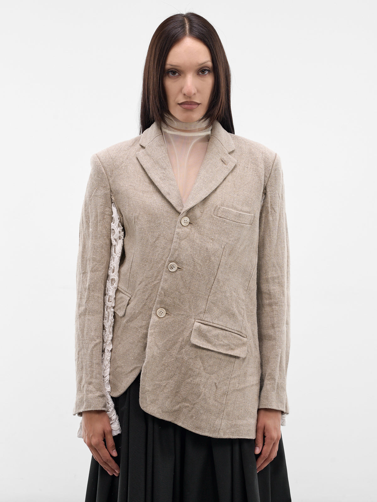 Linen Asymmetric Lace Sleeve Blazer (GQ-J028-ECRU-WHITE)