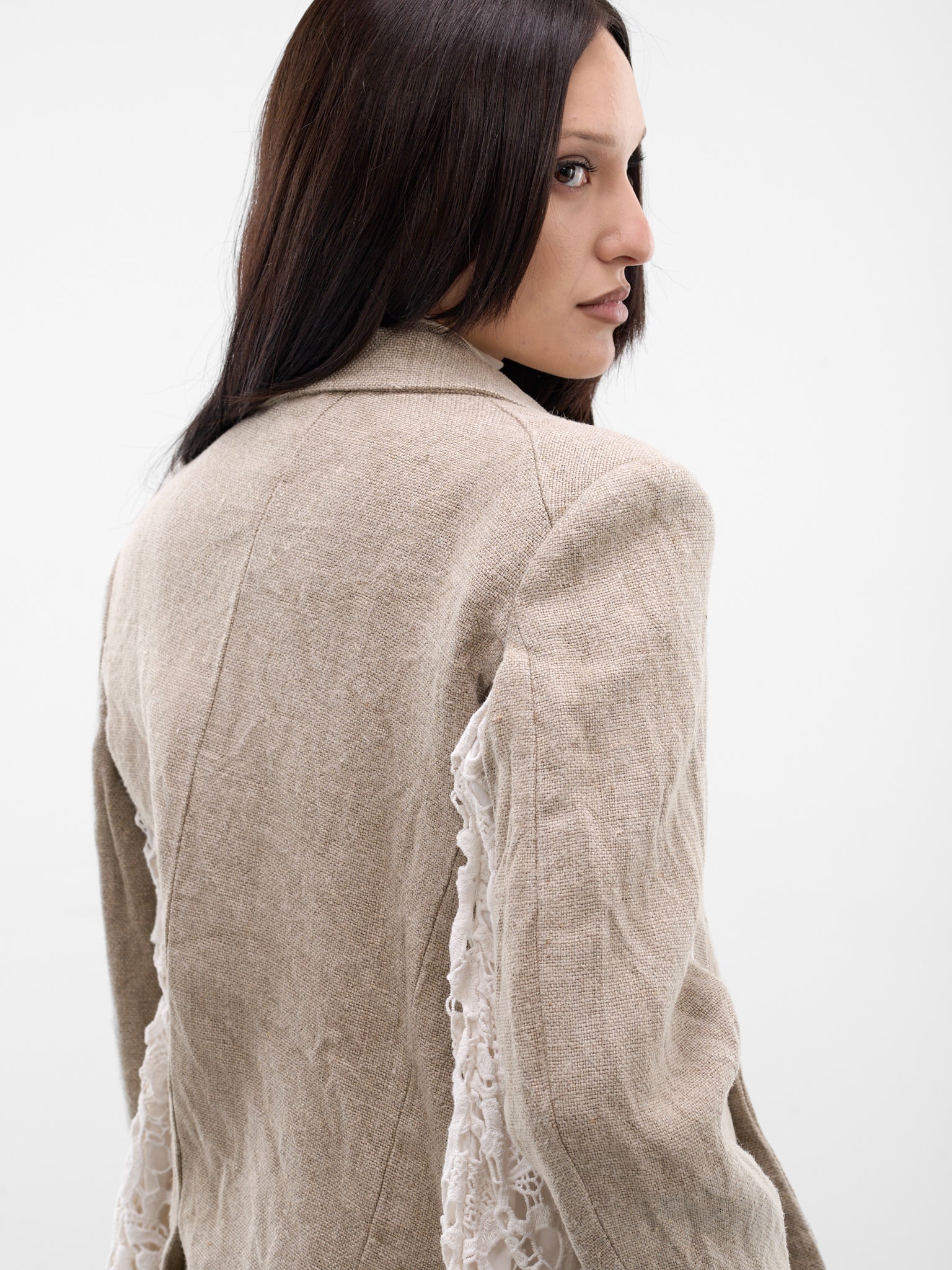 Linen Asymmetric Lace Sleeve Blazer (GQ-J028-ECRU-WHITE)