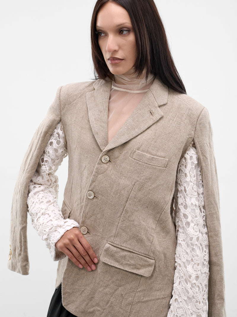 Linen Asymmetric Lace Sleeve Blazer (GQ-J028-ECRU-WHITE)