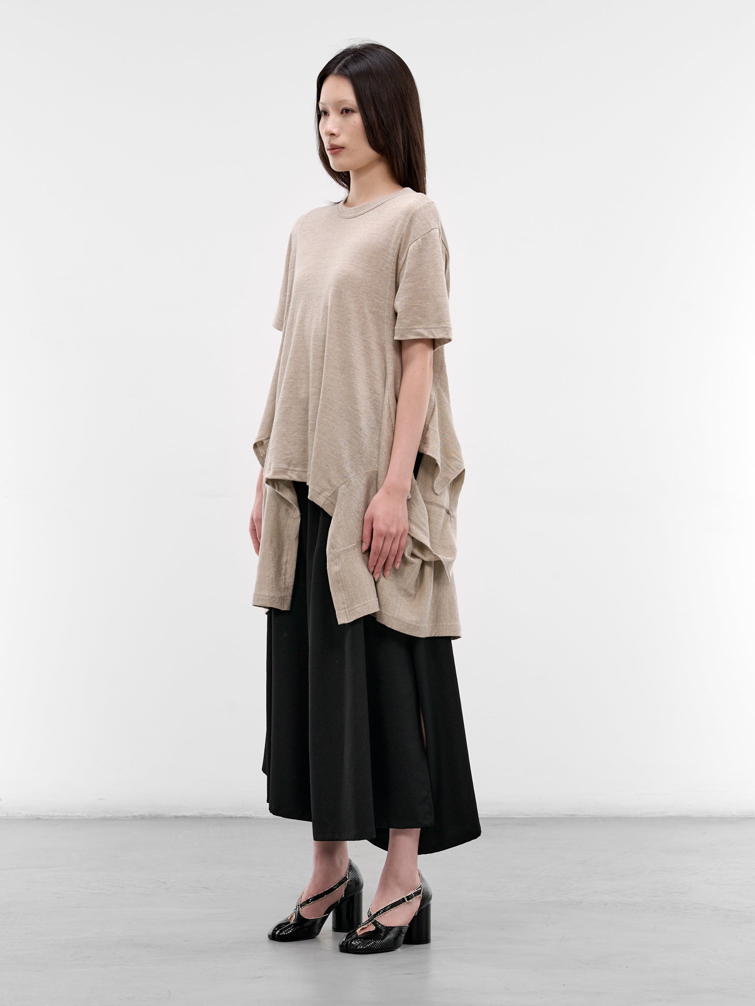 Ecru Jersey Asymmetric Draped Tee (GQ-T003-051-1-ECRU)