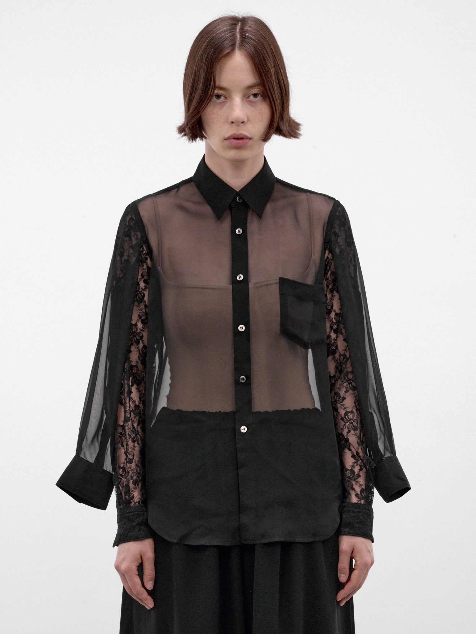 Black Sheer Lace Sleeve Blouse (GR-B004-W26-BLACK)
