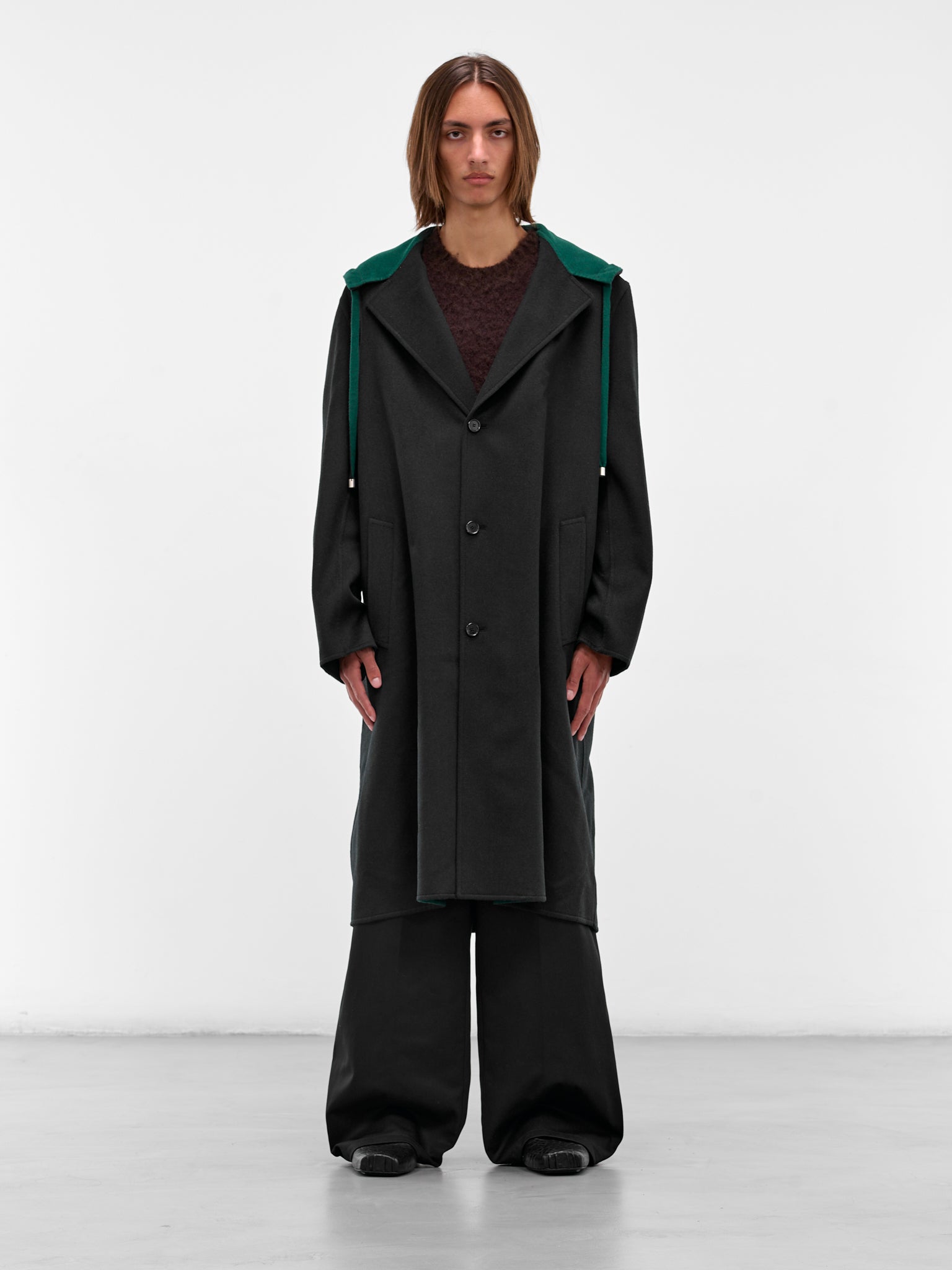 Black Wool Hooded Coat (H526Y01WD1-1104-BLACK-GREEN)