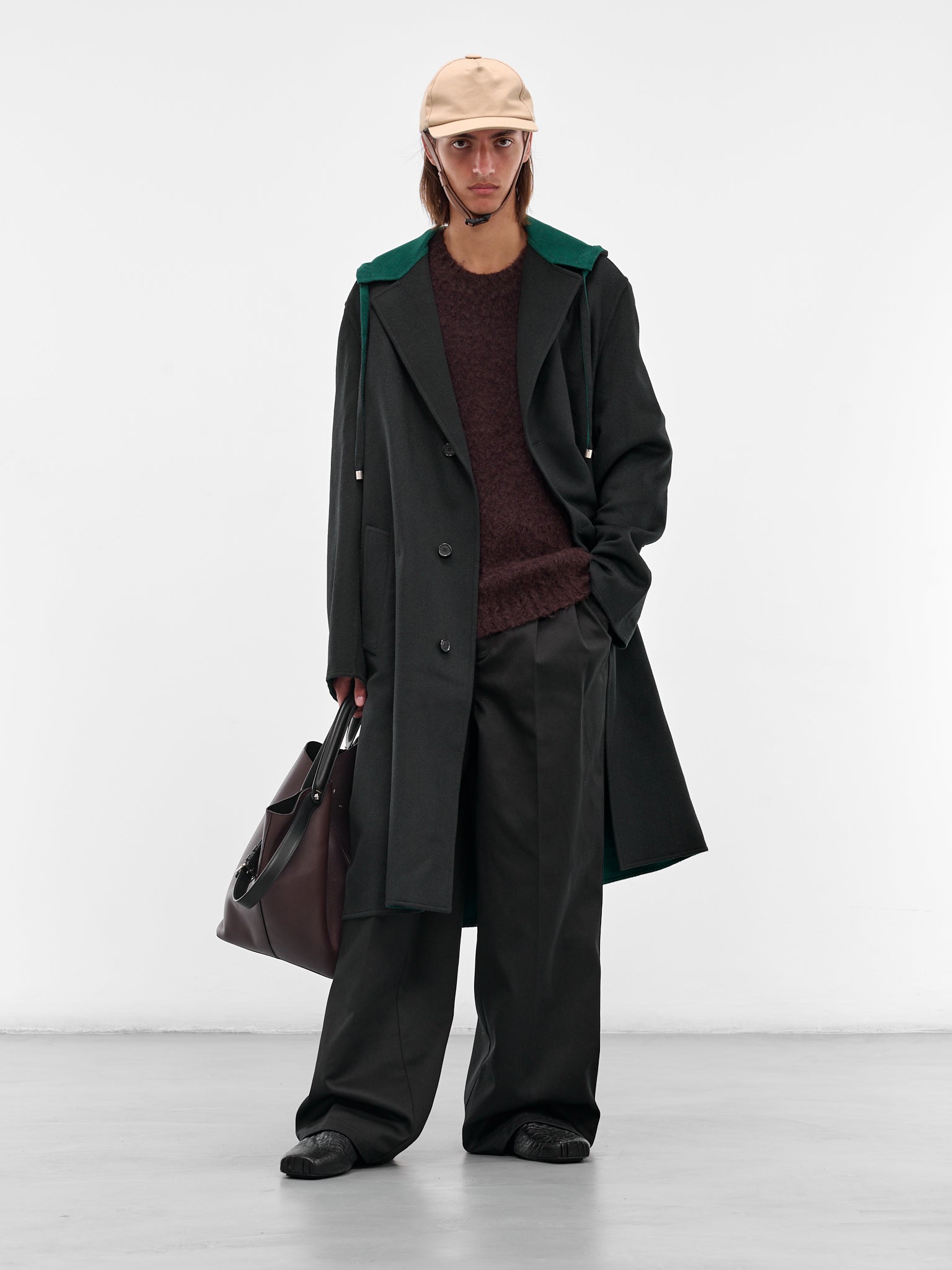 Black Wool Hooded Coat (H526Y01WD1-1104-BLACK-GREEN)