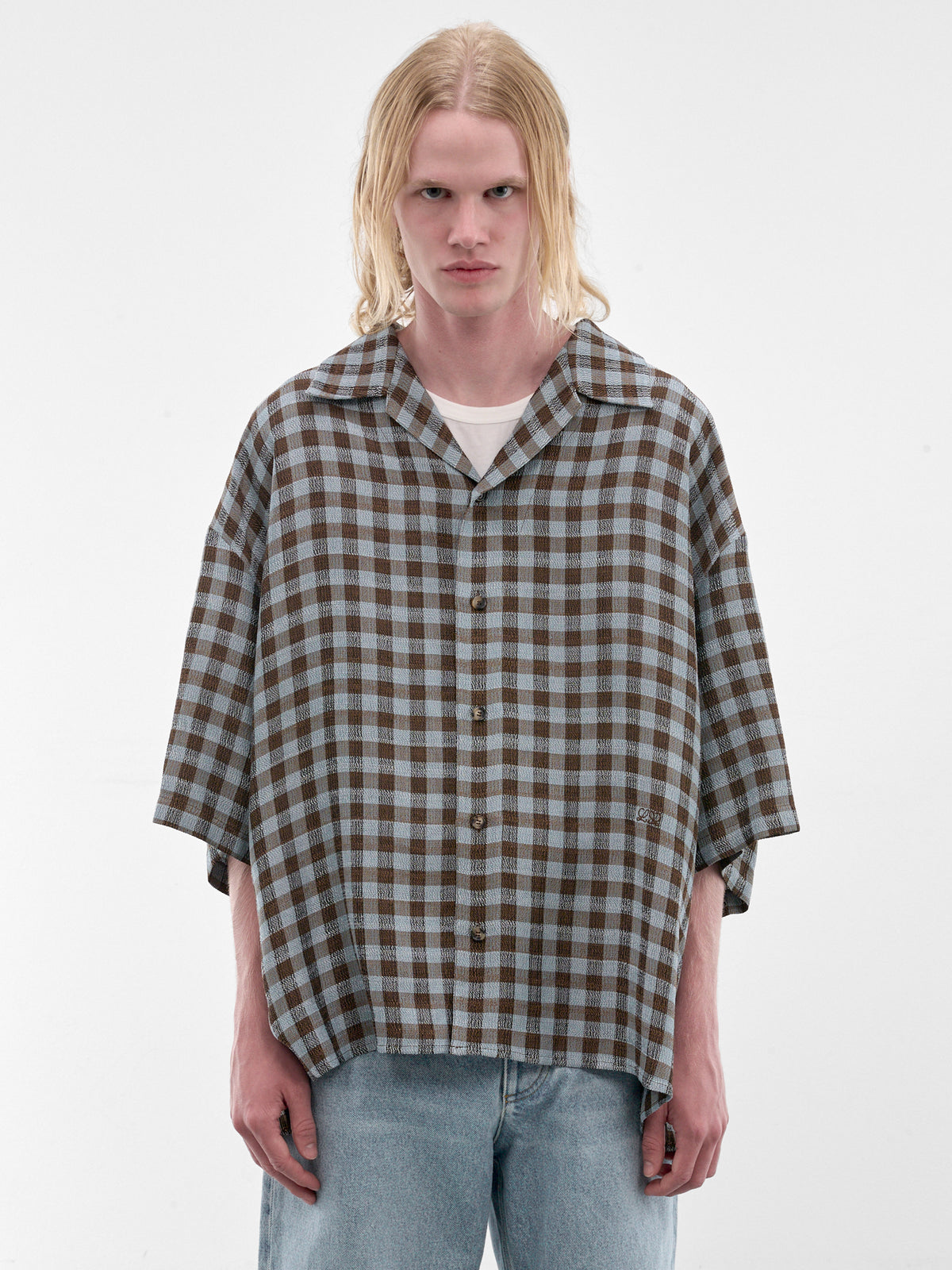 Boxy Check Short Sleeve Shirt (H526Y05WHY-BLUE-BROWN)