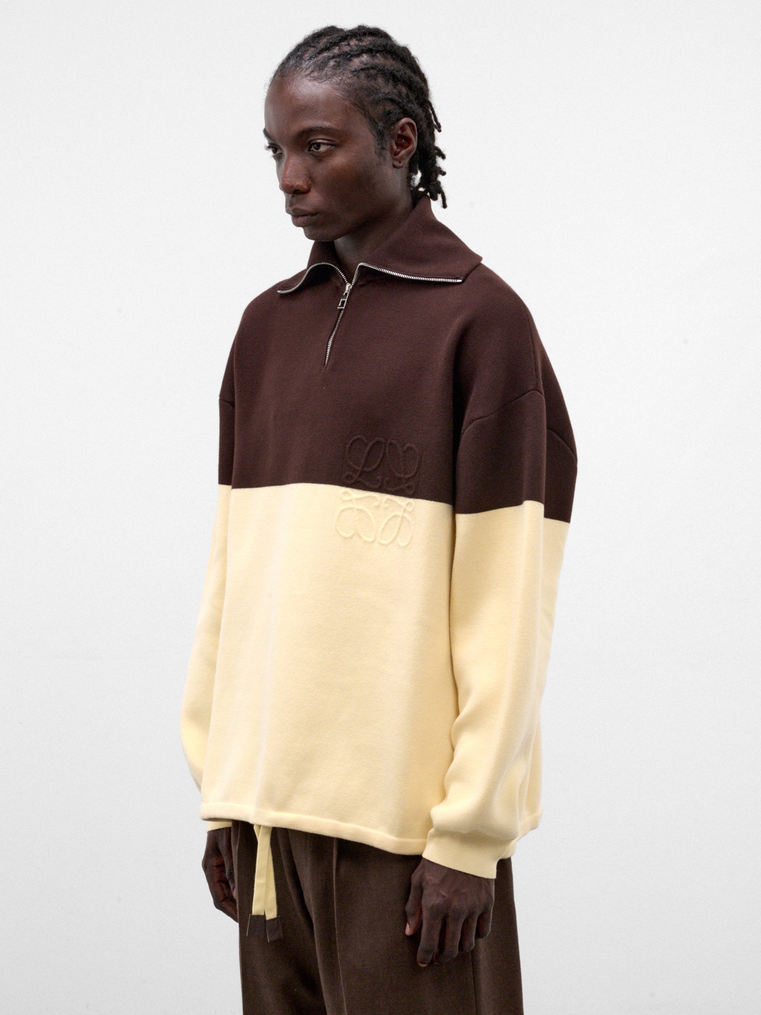 Two-Tone Cotton Half-Zip Sweater (H526Y14KO9-BROWN-YELLOW)
