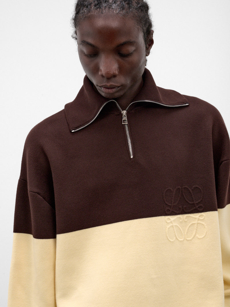 Two-Tone Cotton Half-Zip Sweater (H526Y14KO9-BROWN-YELLOW)