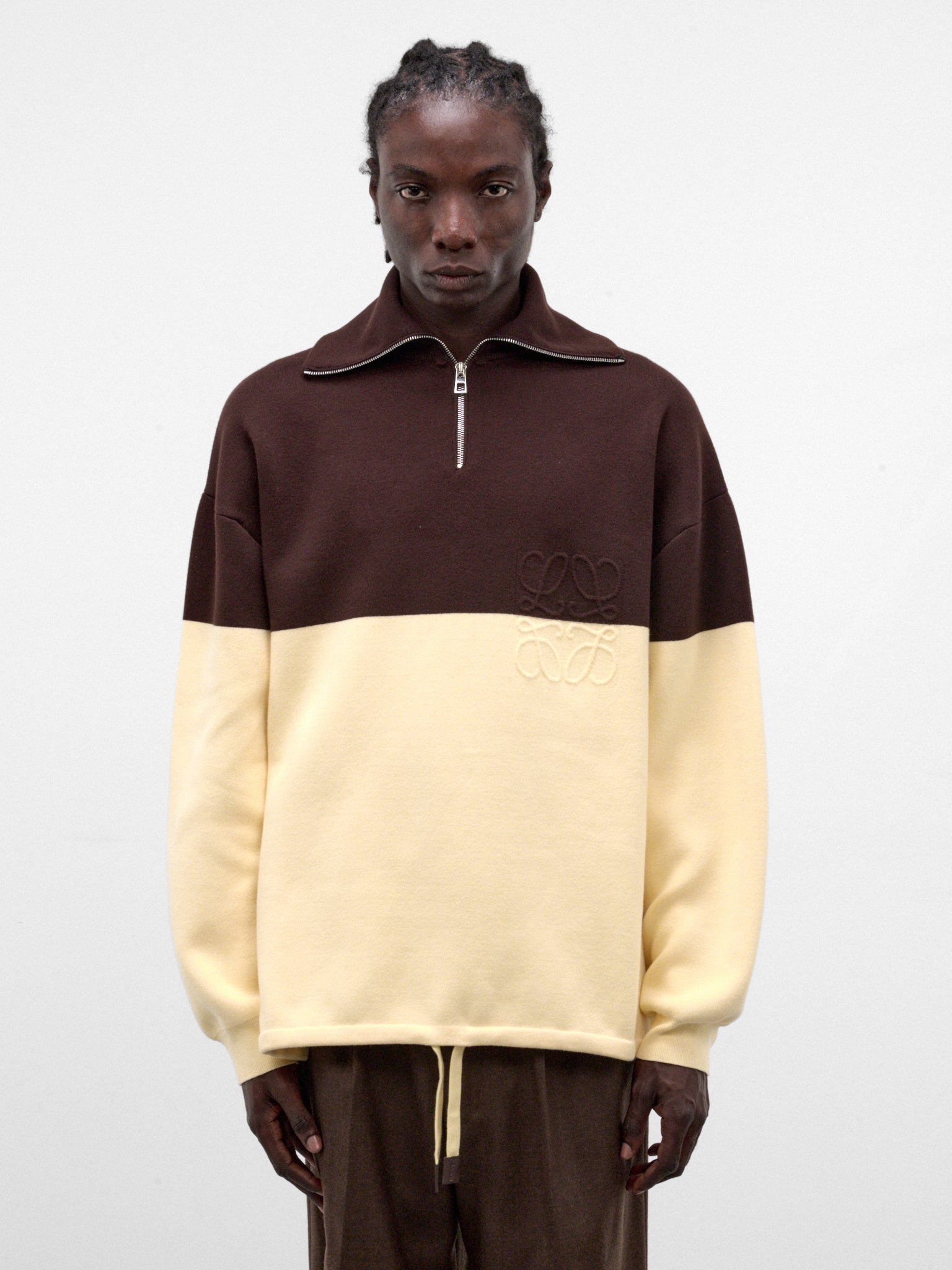 Two-Tone Cotton Half-Zip Sweater (H526Y14KO9-BROWN-YELLOW)