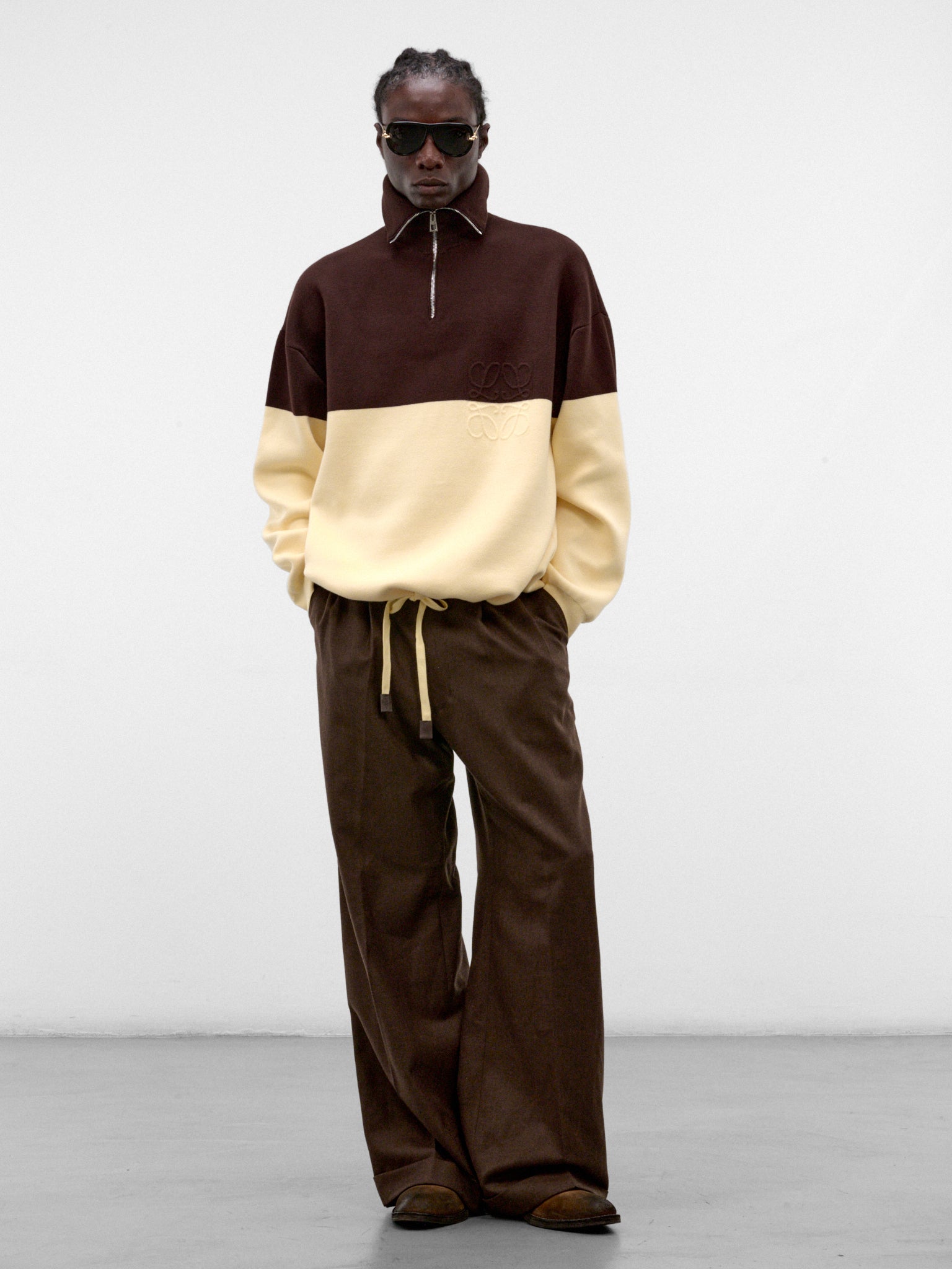 Two-Tone Cotton Half-Zip Sweater (H526Y14KO9-BROWN-YELLOW)
