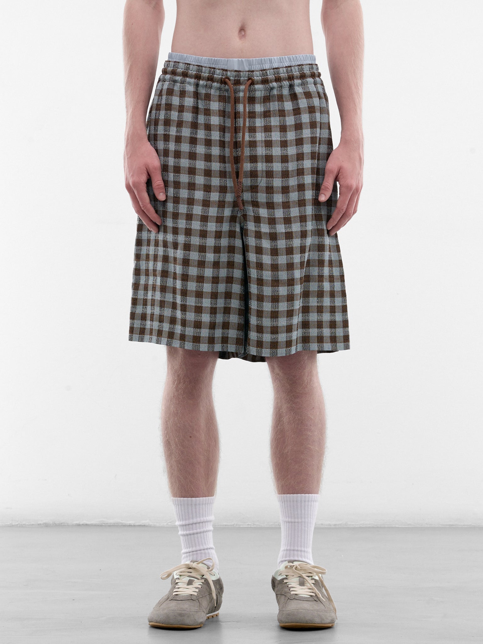 Brown Check Linen Shorts (H526Y1AX15-BLUE-BROWN)