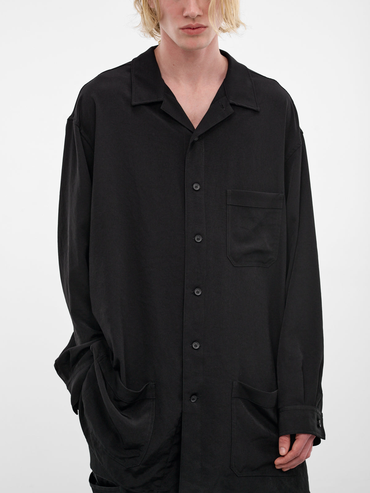 Black Drape Relaxed Tuxedo Blouse (HK-B01-500-1-BLACK)