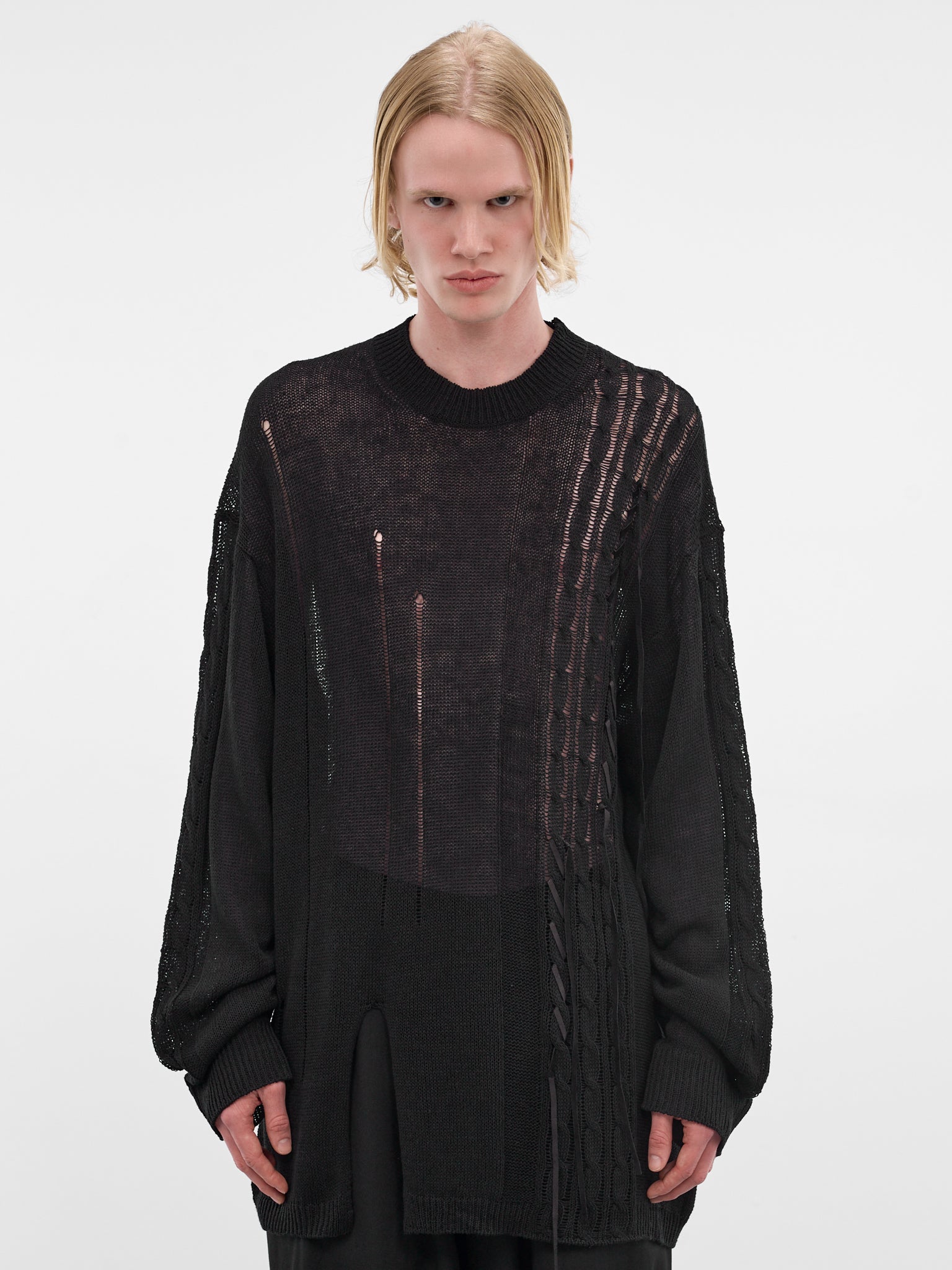 Black Distressed Linen-Cotton Sweater (HK-K08-374-1-BLACK)